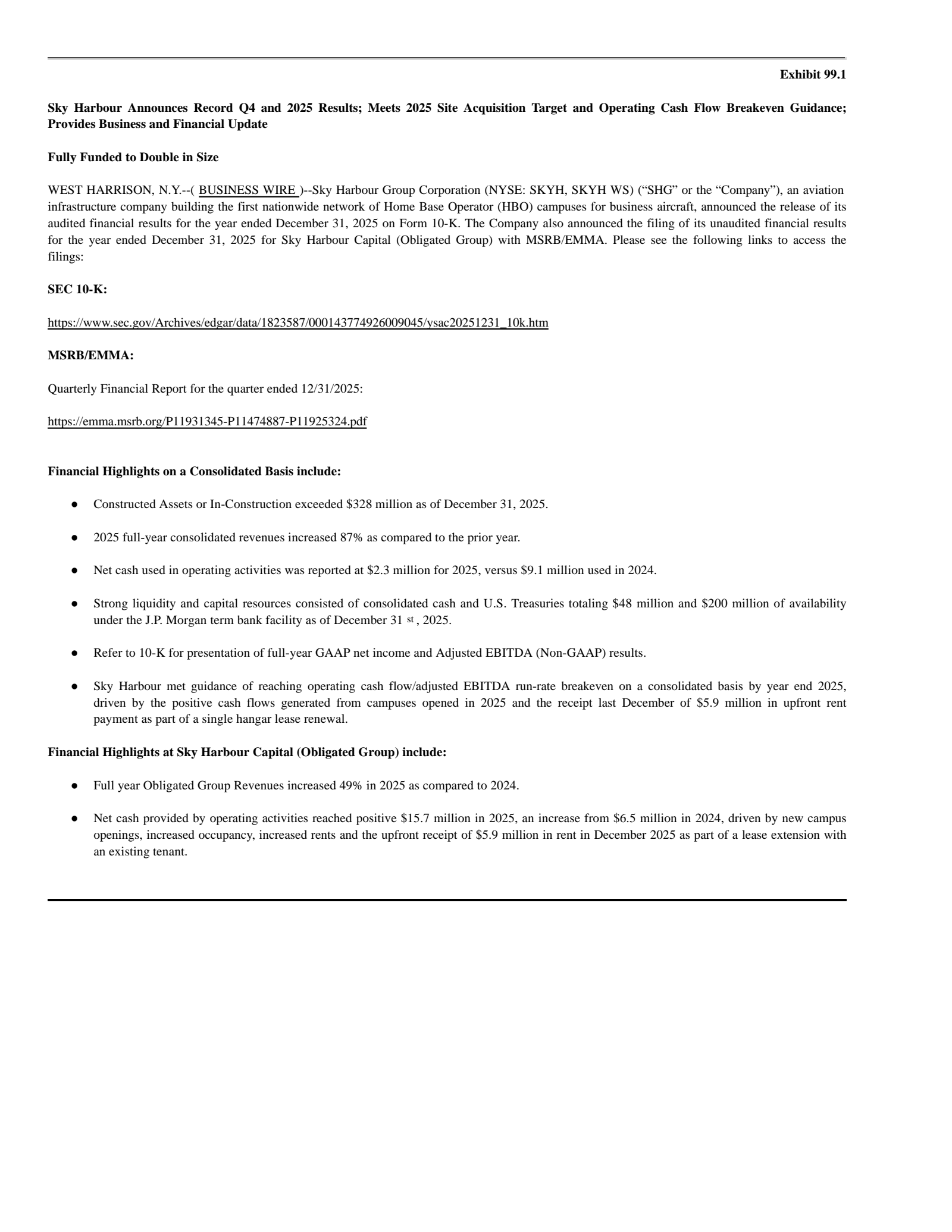 Sky Harbour Group's Q4 2025 Press Release