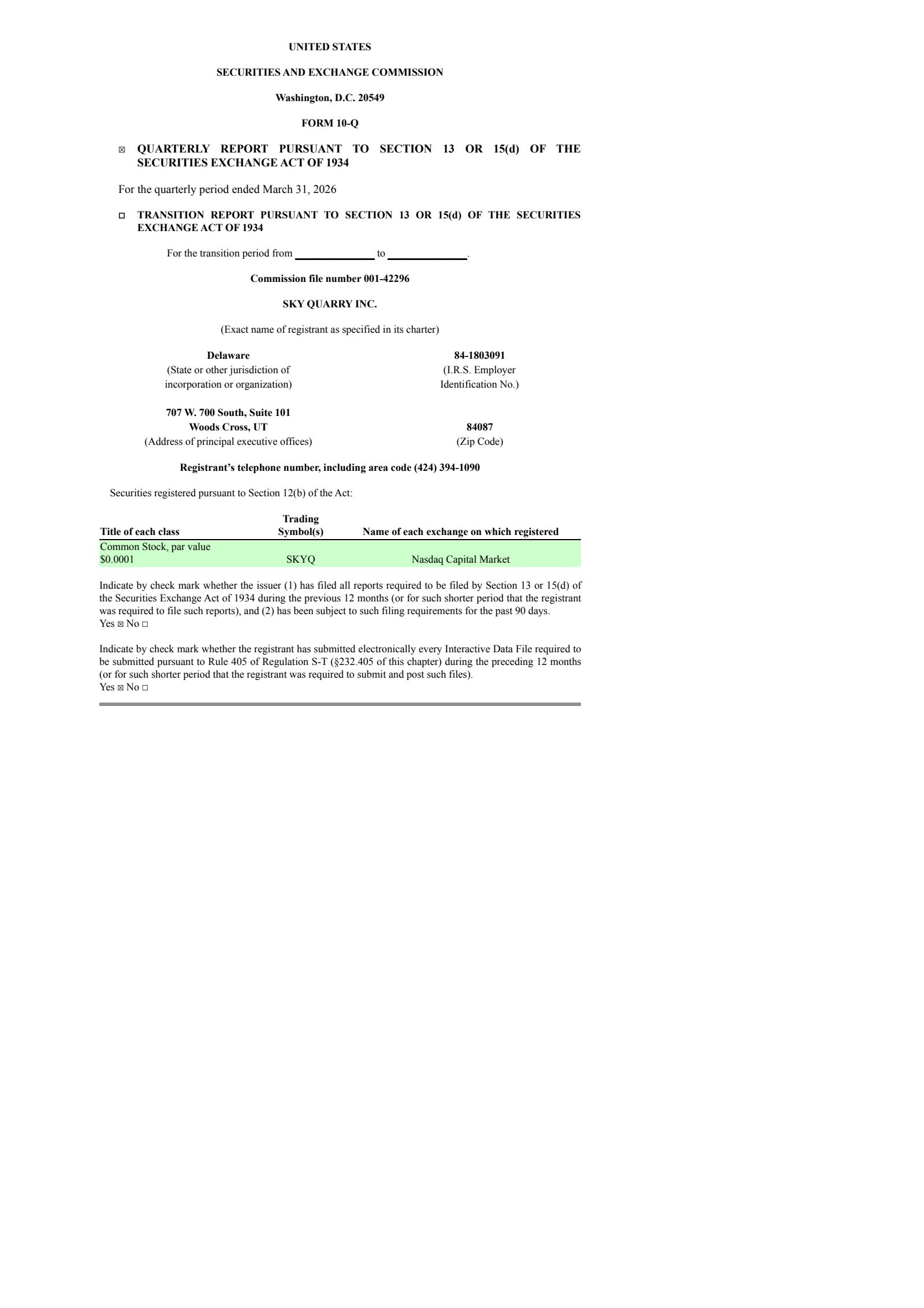 Sky Quarry's Q1 2026 Quarterly report