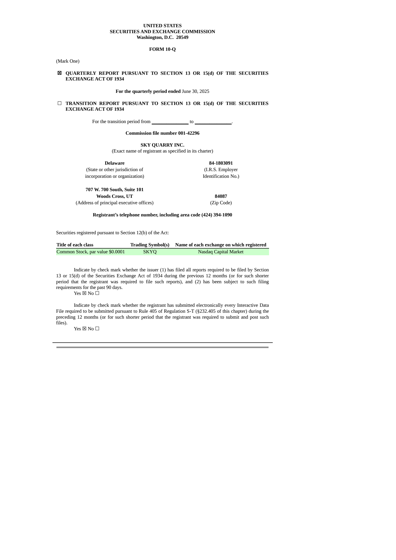 Sky Quarry's Q2 2025 Quarterly report