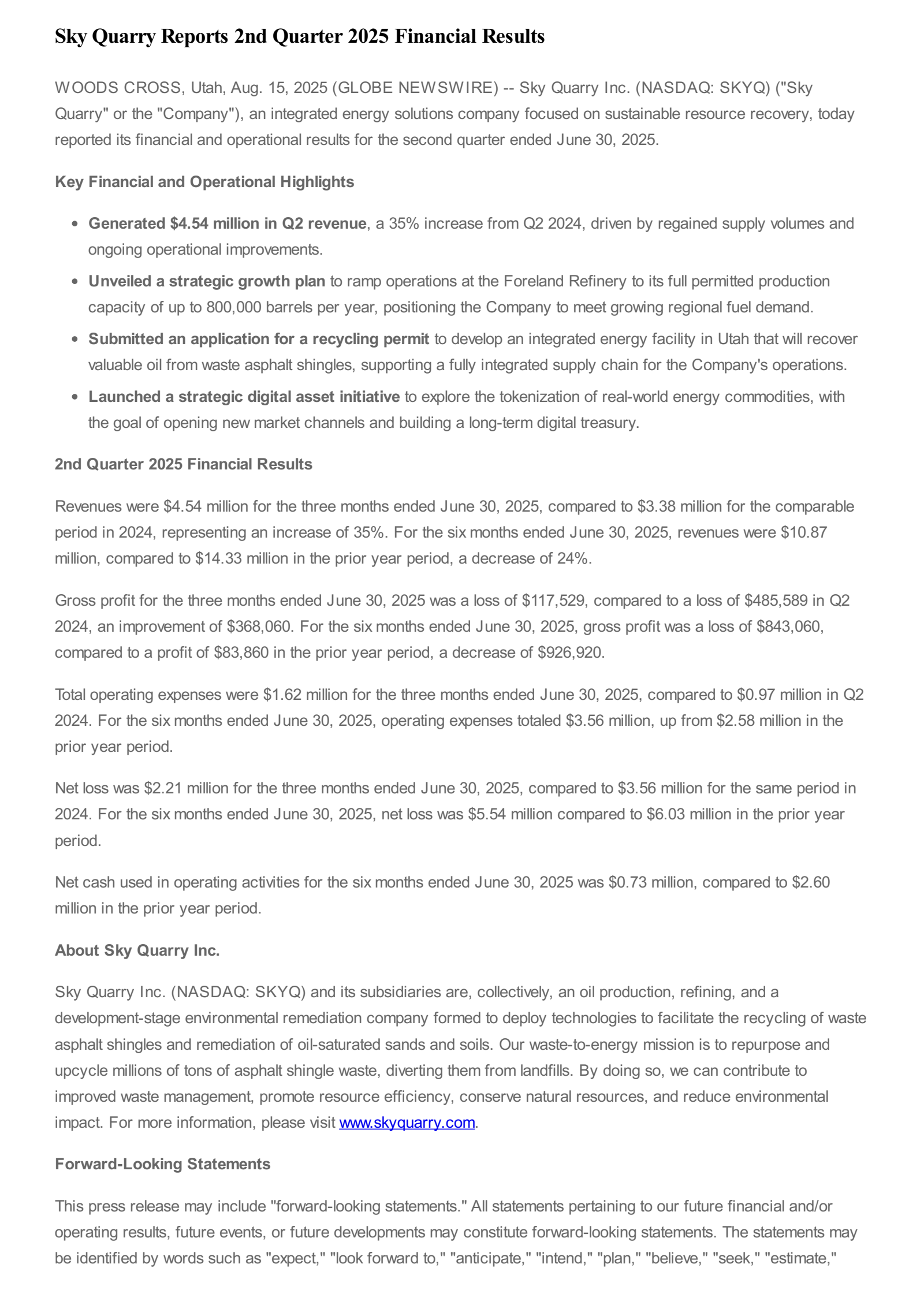 Sky Quarry's Q2 2025 Press Release