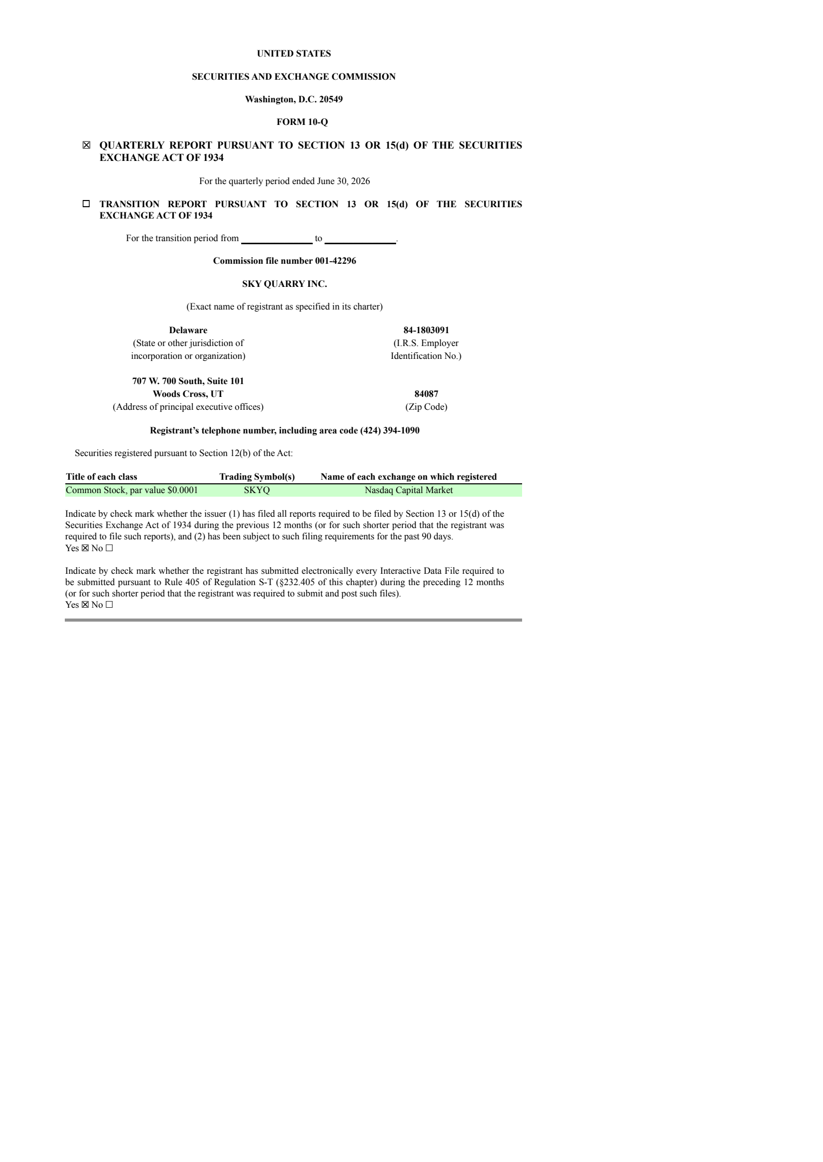 Sky Quarry's Q2 2026 Quarterly report
