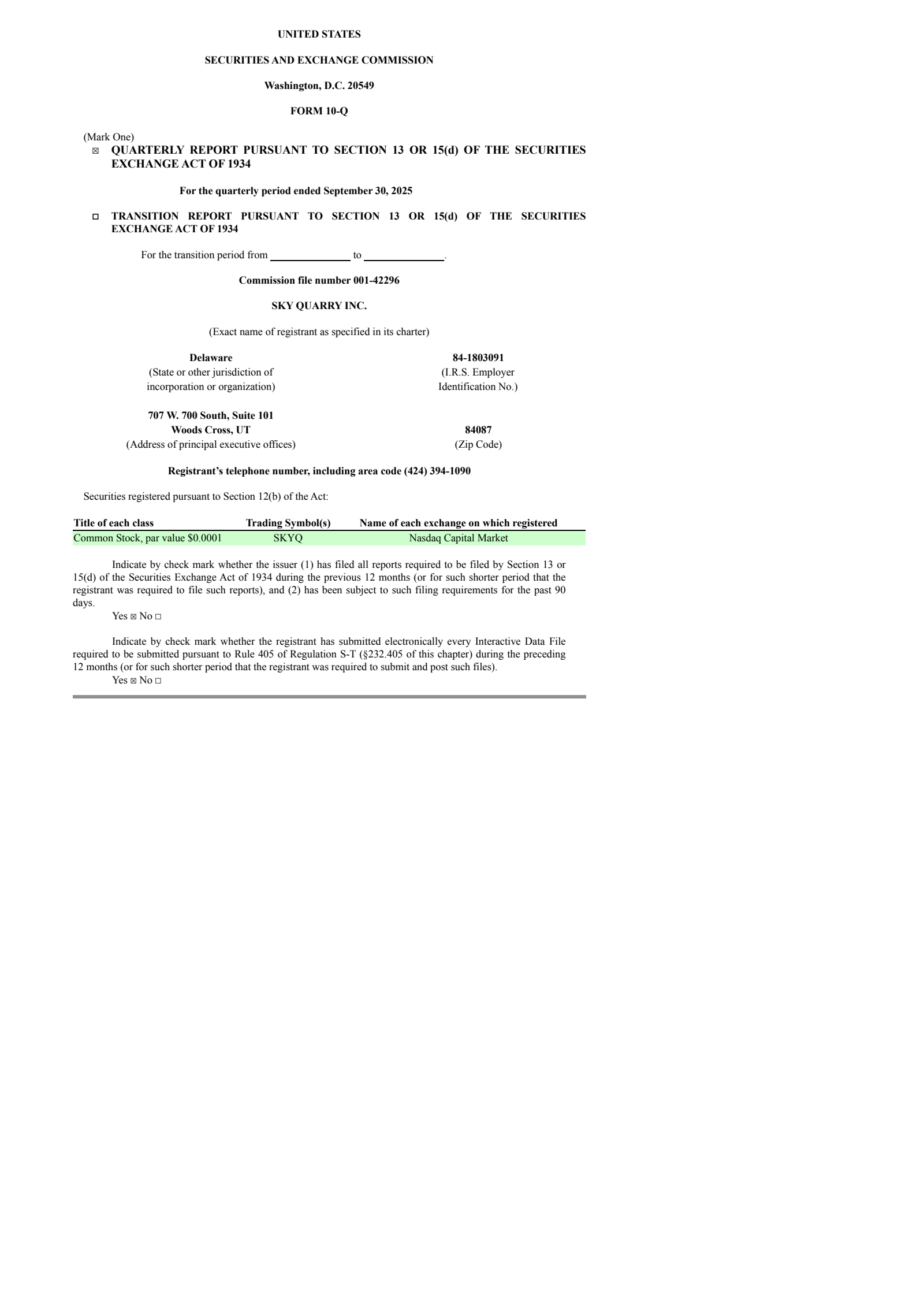 Sky Quarry's Q3 2025 Quarterly Report
