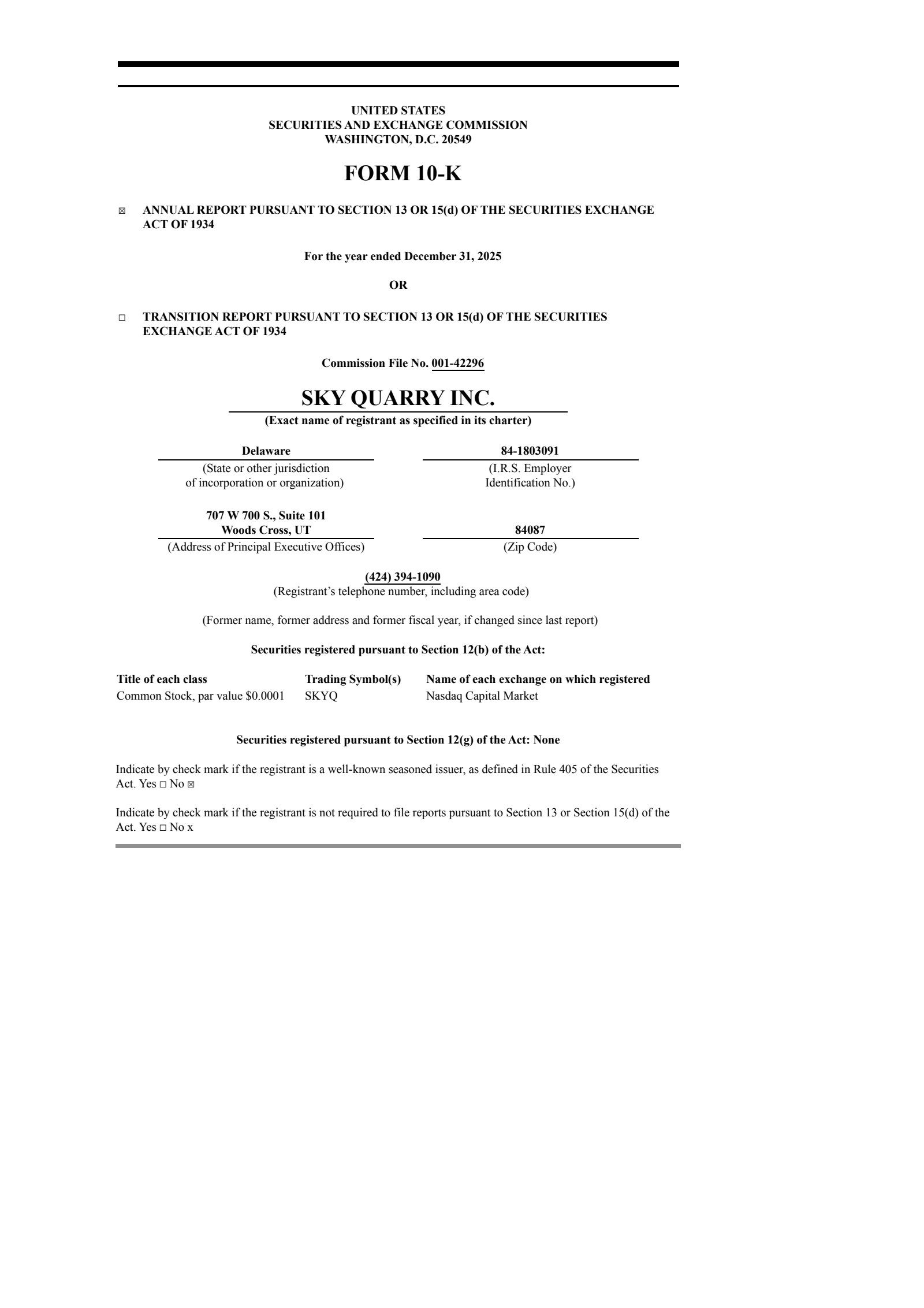 Sky Quarry's Q4 2025 Annual report