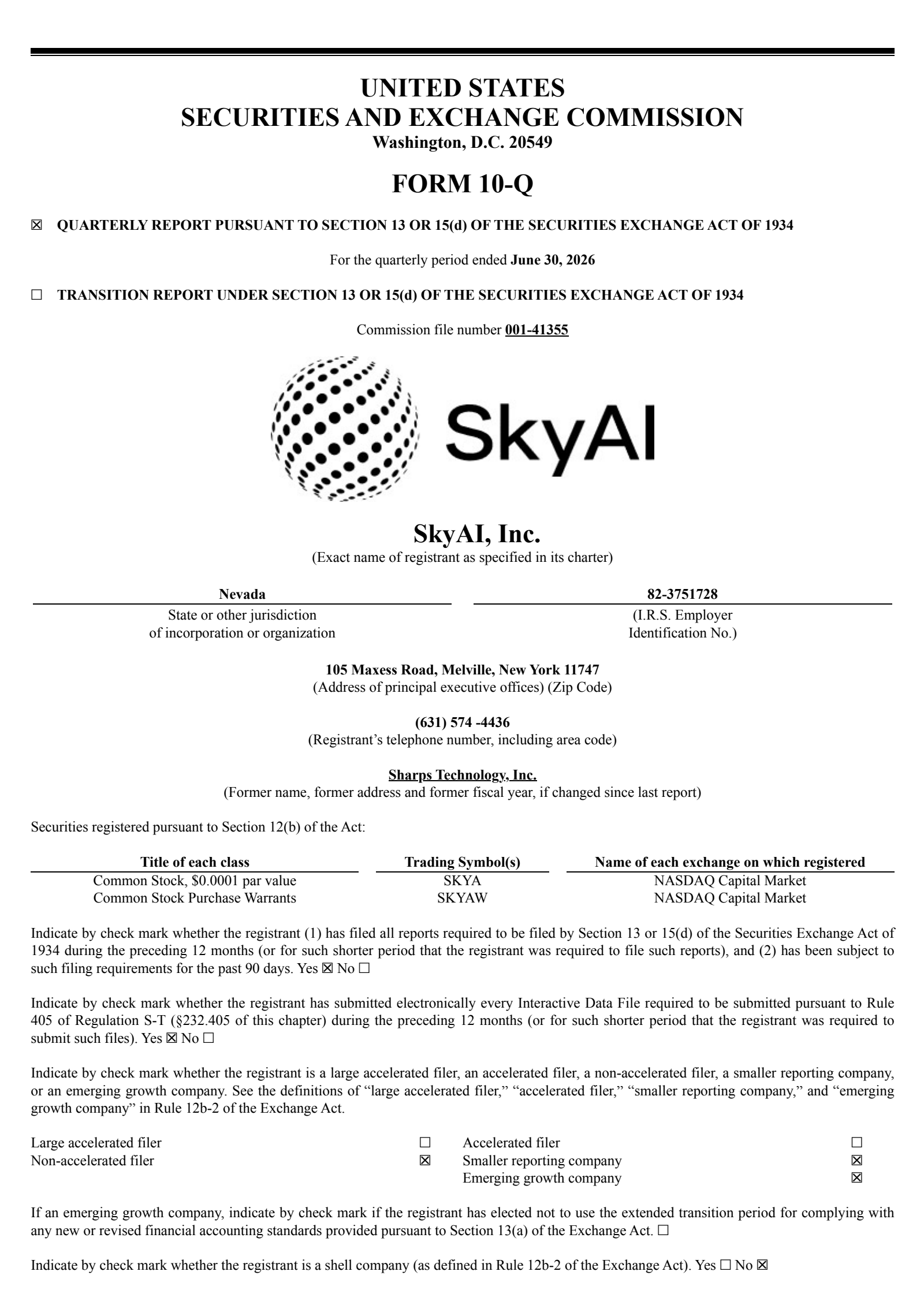 SkyAI, Inc. Common Stock's Q2 2026 Quarterly report