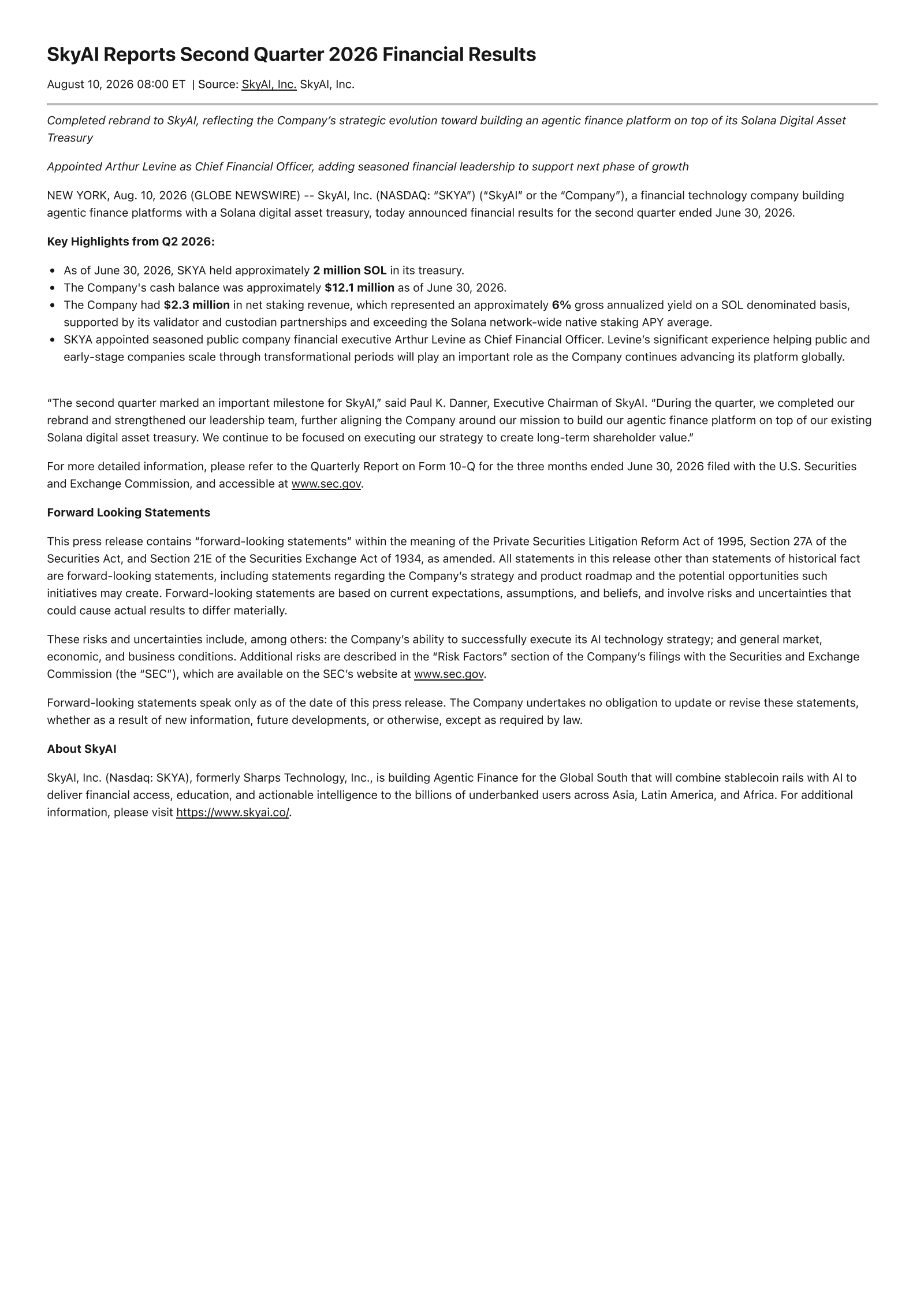 SkyAI, Inc. Common Stock's Q2 2026 Press Release