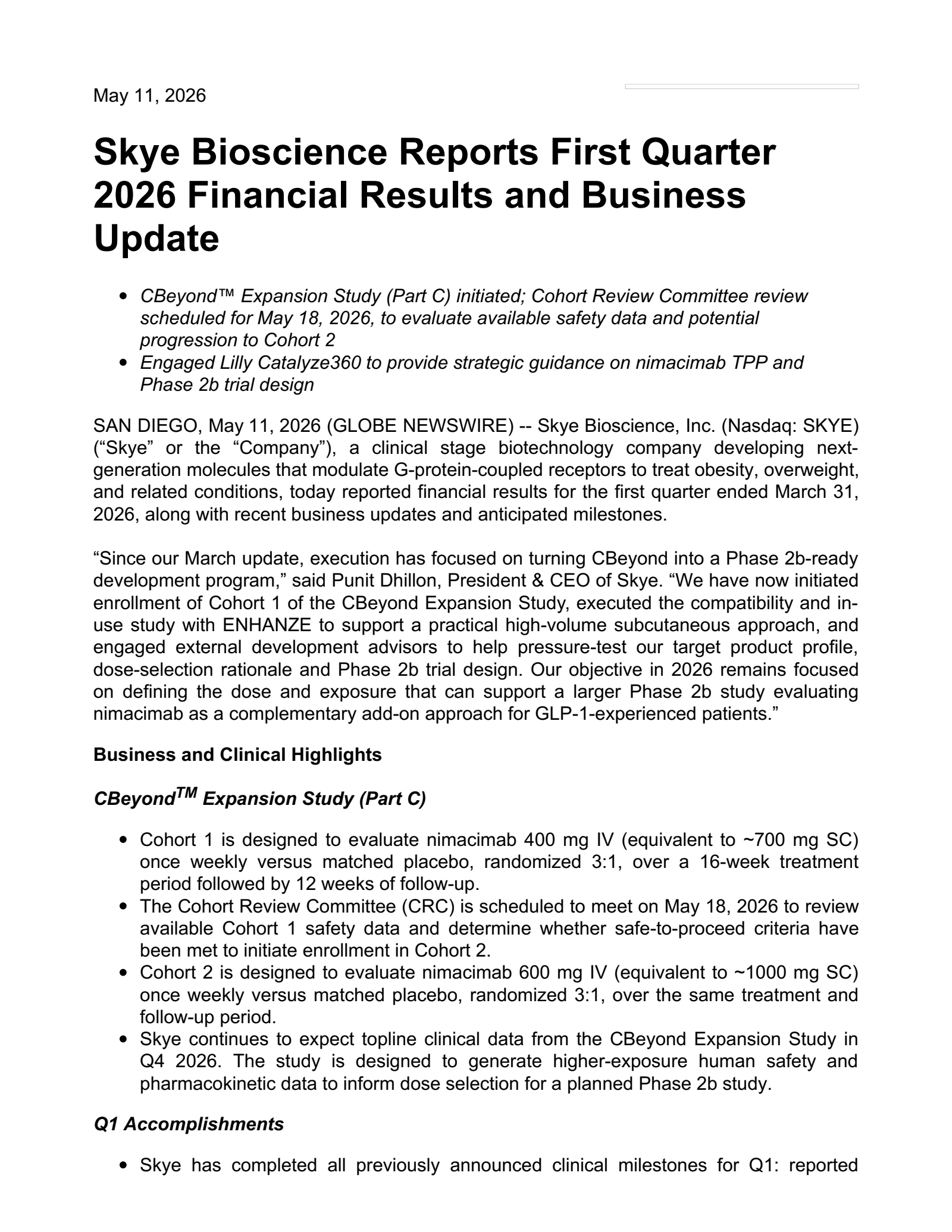 Skye Bioscience's Q1 2026 Press Release