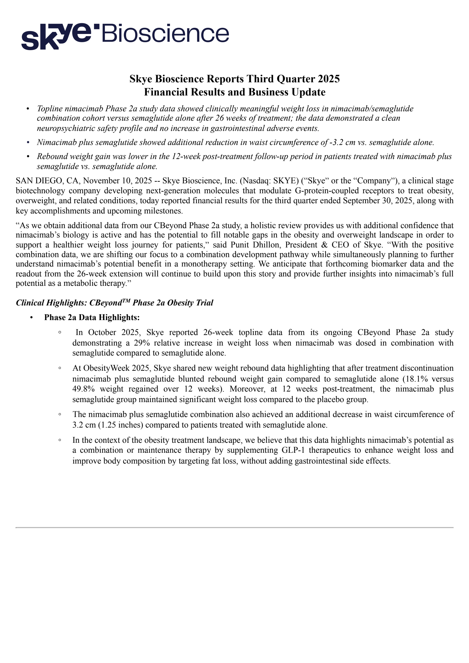 Skye Bioscience's Q3 2025 Earnings Release