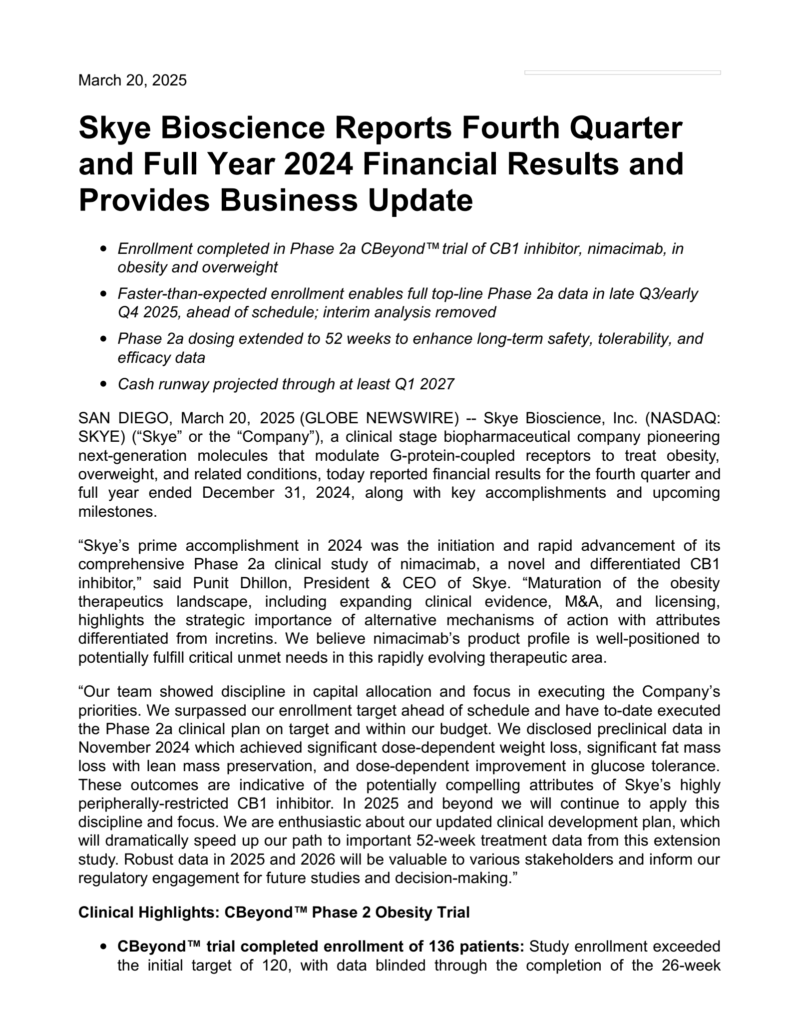 Skye Bioscience's Q4 2024 Press Release