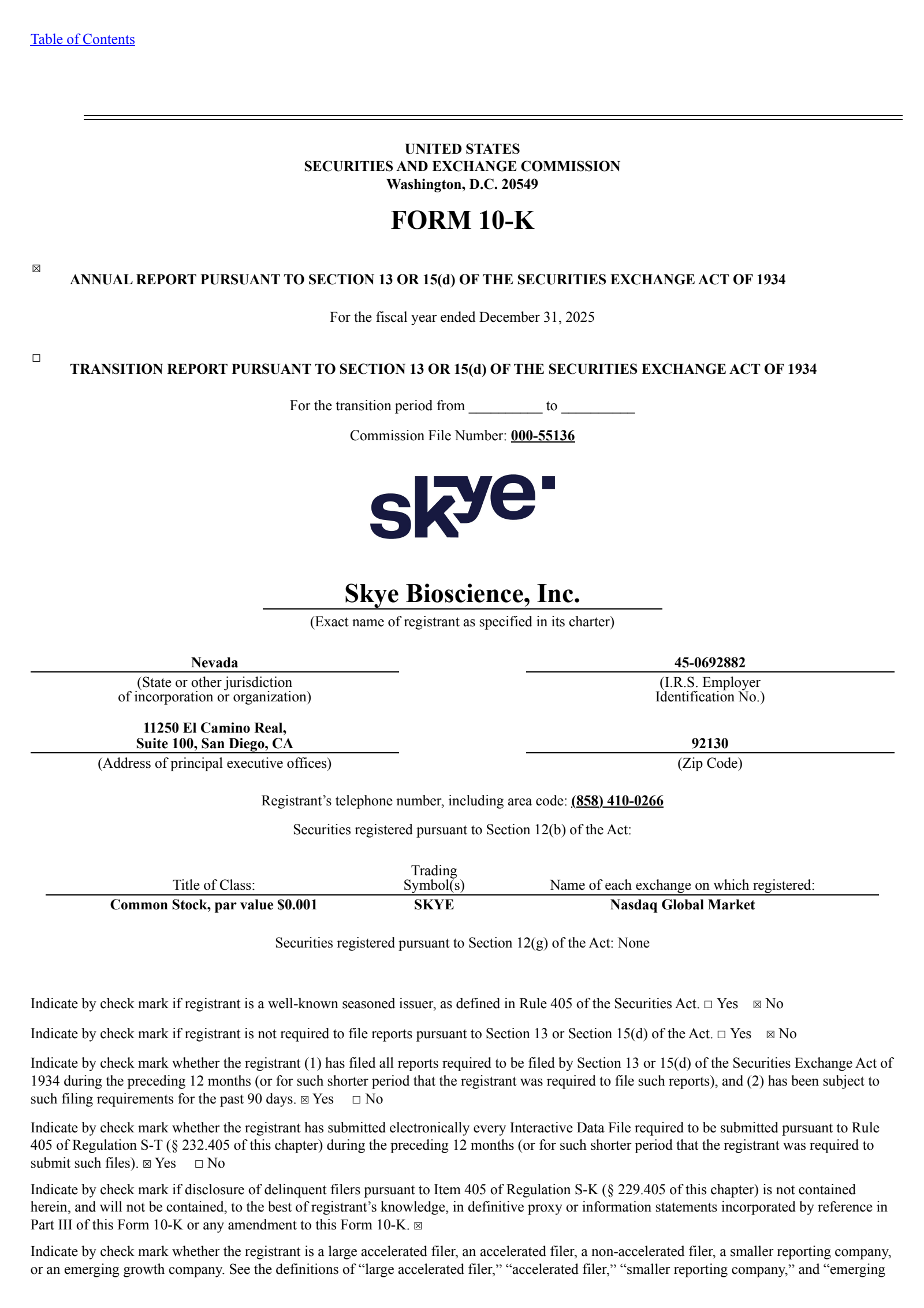 Skye Bioscience's Q4 2025 Annual report