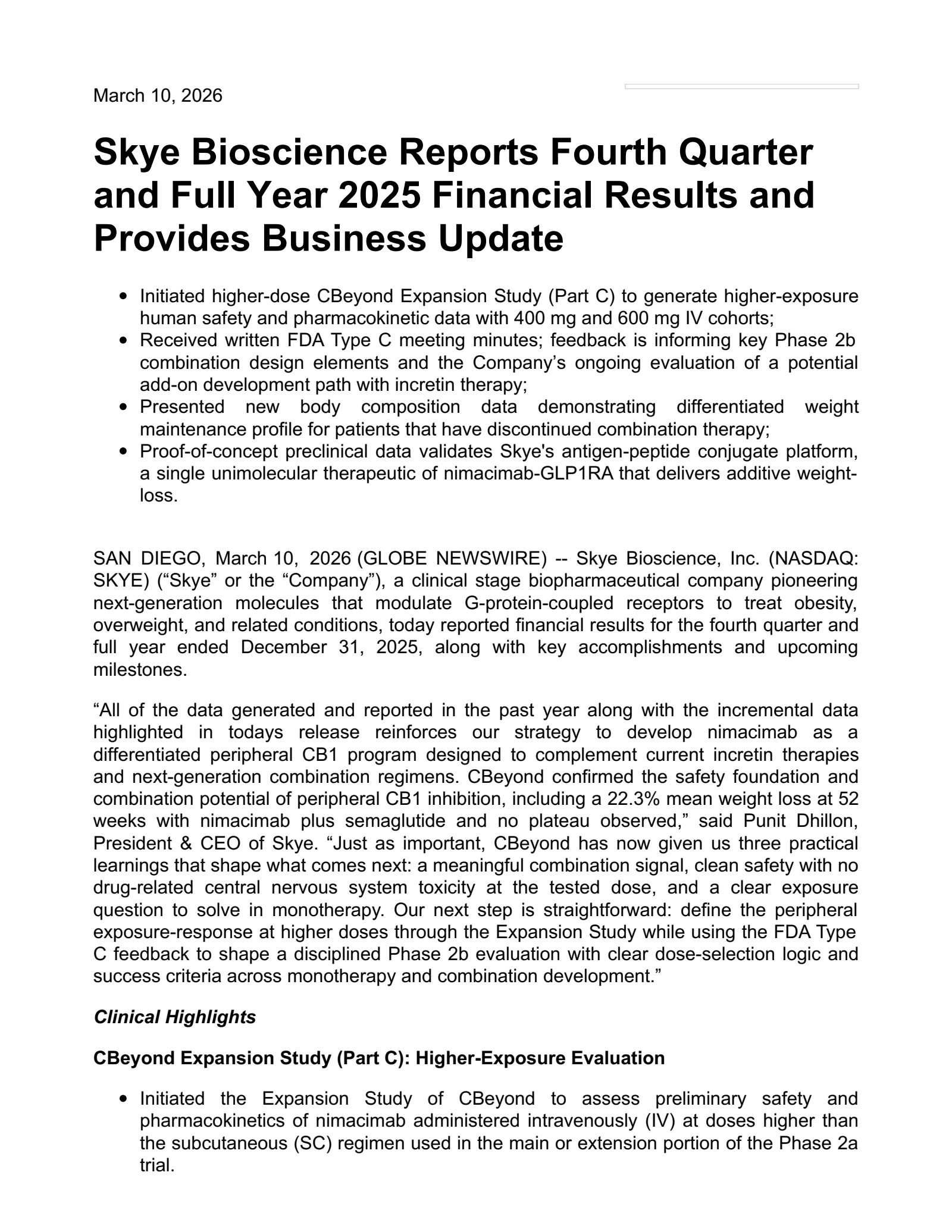 Skye Bioscience's Q4 2025 Press Release