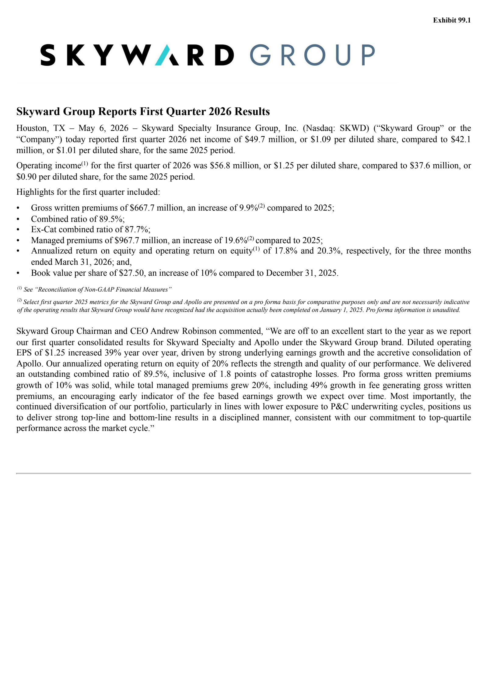 Skyward Specialty Insurance Group's Q1 2026 Press Release