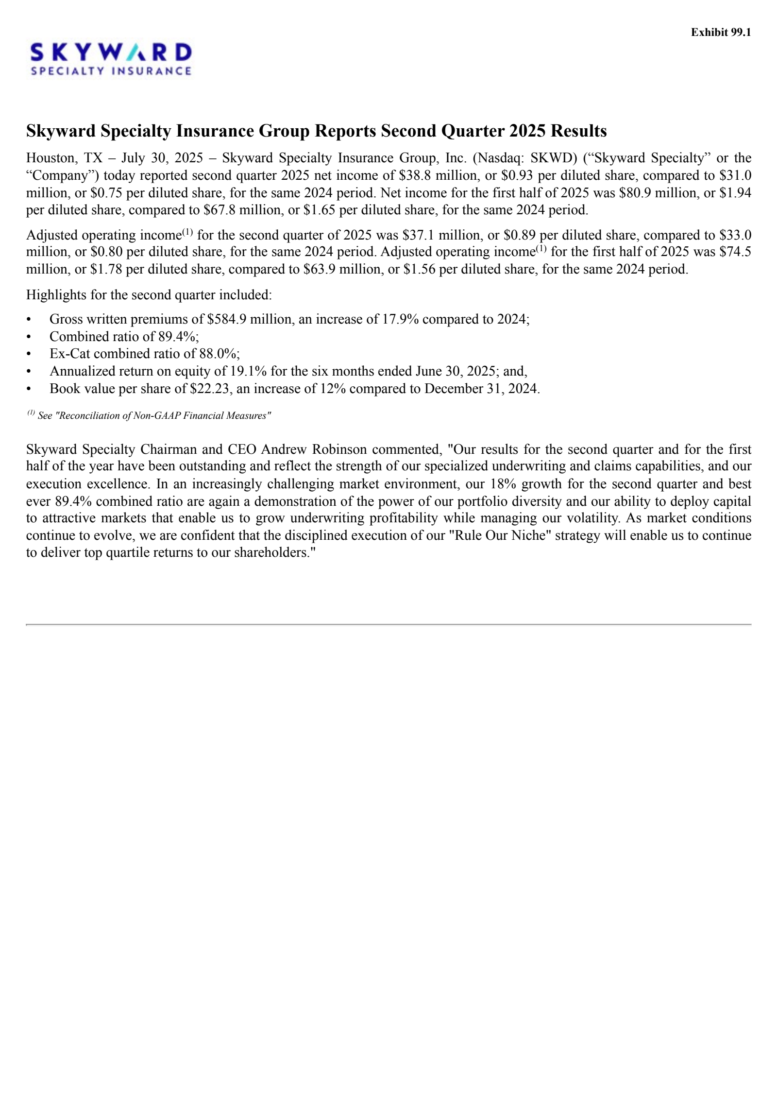Skyward Specialty Insurance Group's Q2 2025 Press Release