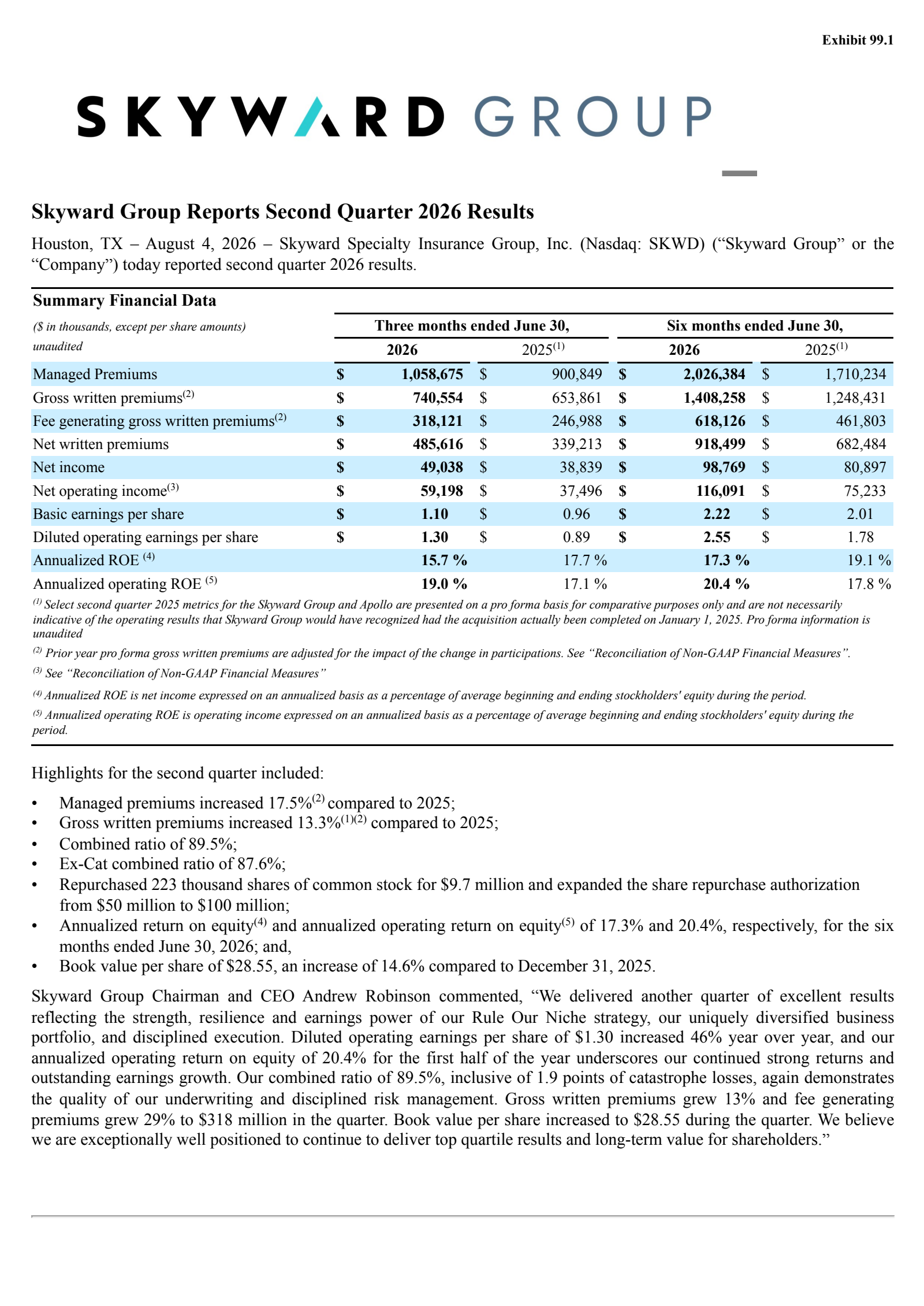 Skyward Specialty Insurance Group's Q2 2026 Press Release