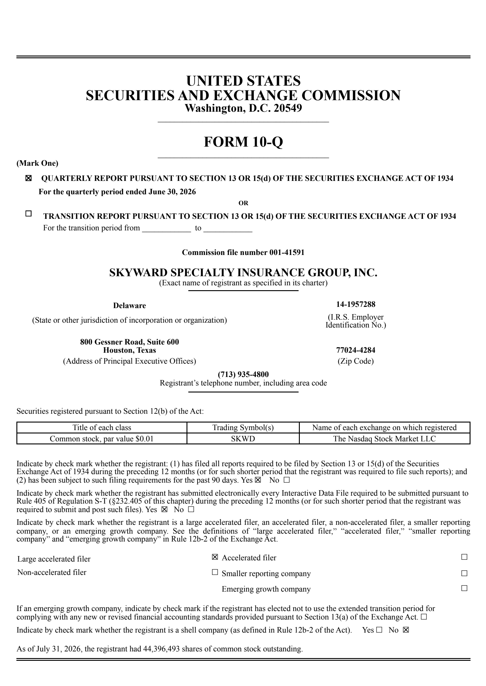 Skyward Specialty Insurance Group's Q2 2026 Quarterly report