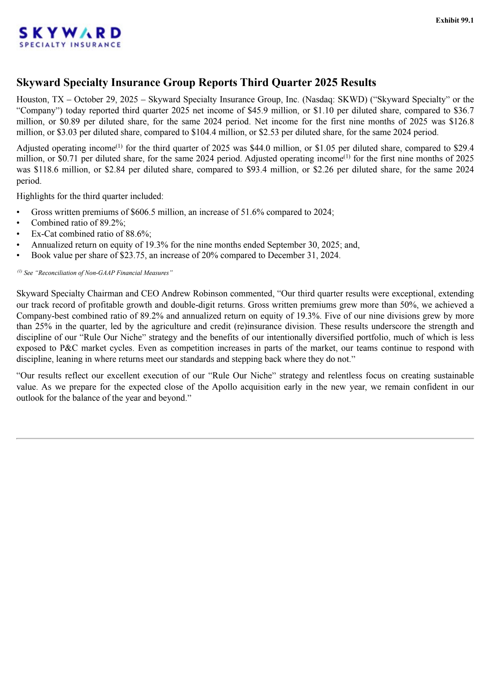 Skyward Specialty Insurance Group's Q3 2025 Earnings Release