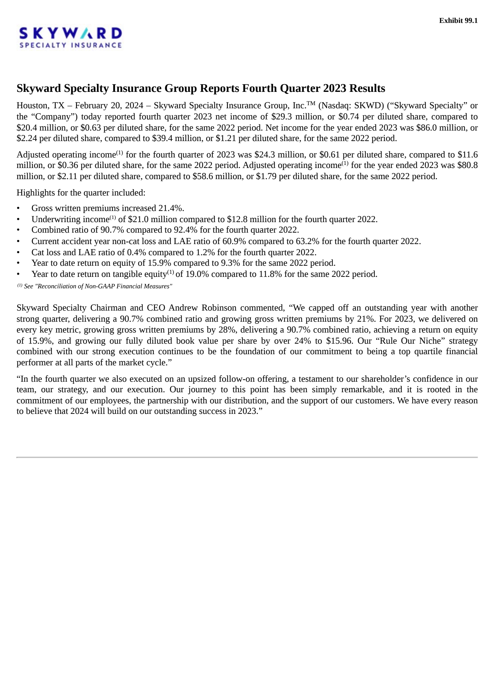 Skyward Specialty Insurance Group's Q4 2023 Press Release