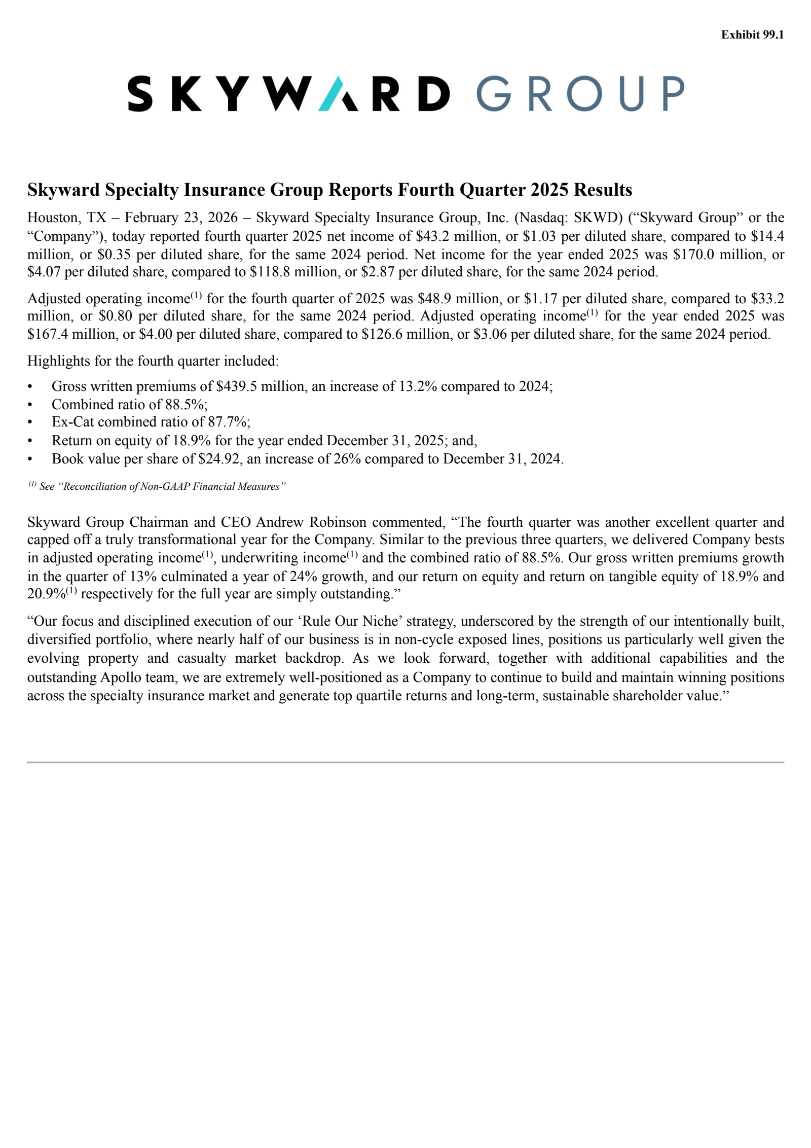 Skyward Specialty Insurance Group's Q4 2025 Press Release