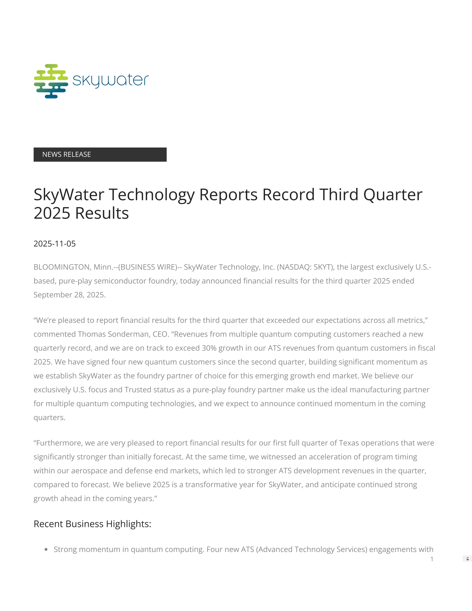 SkyWater Technology's Q3 2025 Earnings Release