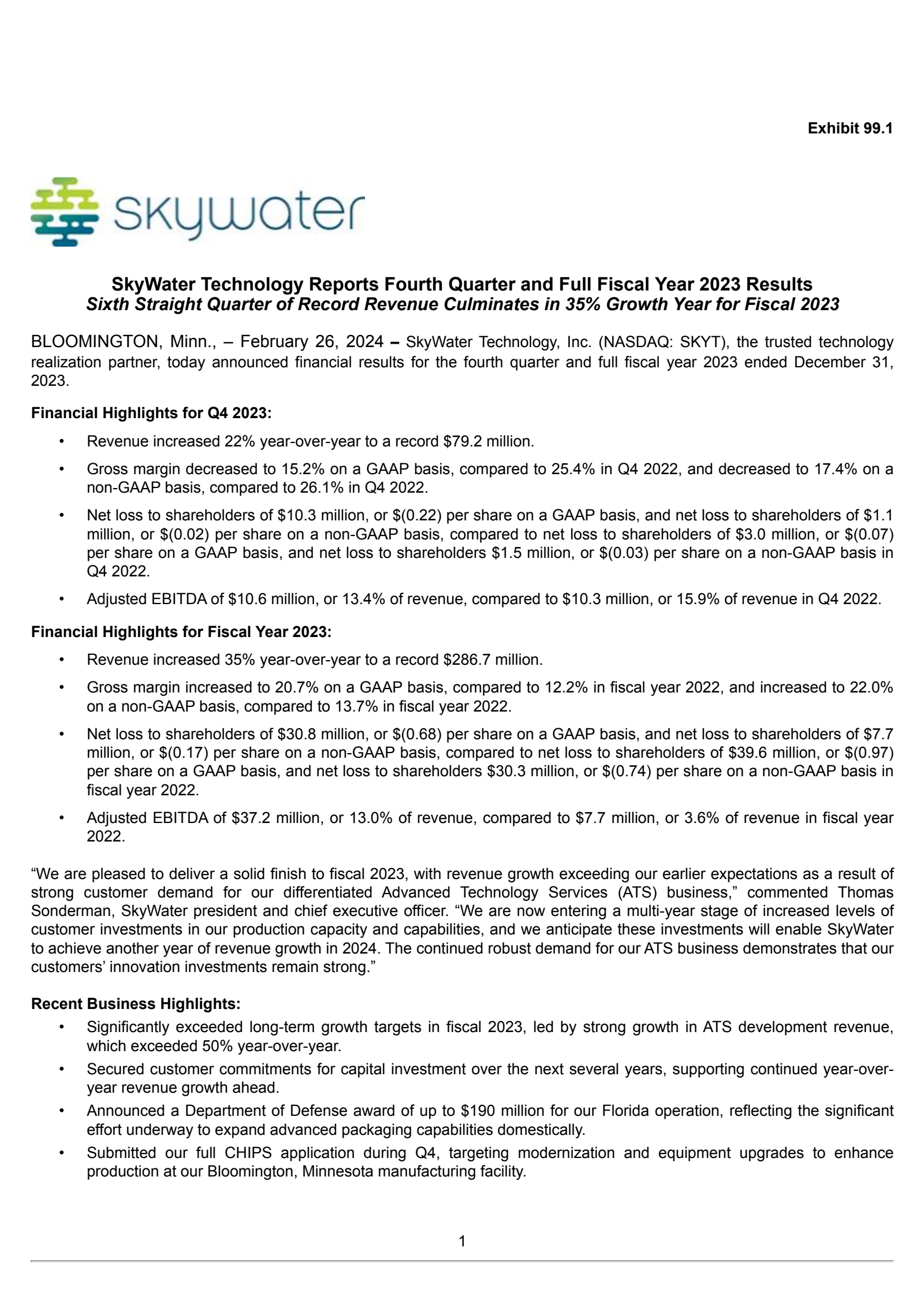 SkyWater Technology's Q4 2023 Press Release