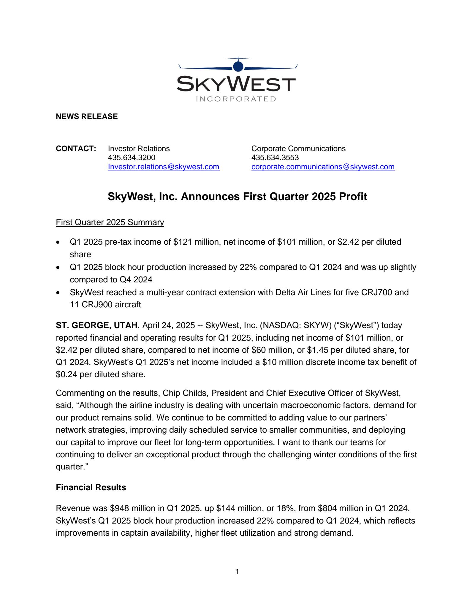 SkyWest's Q1 2025 Press Release