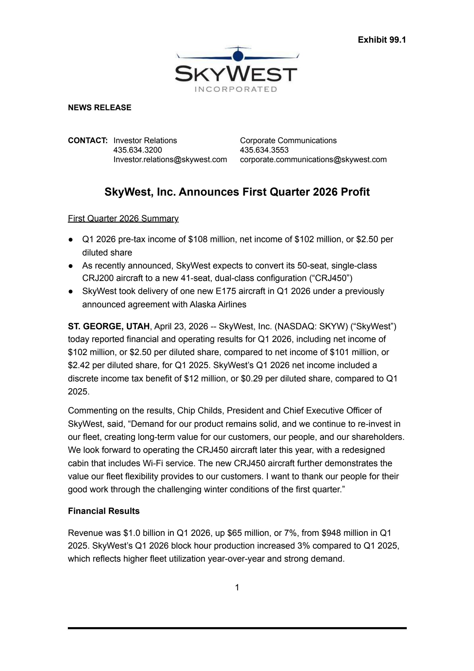 SkyWest's Q1 2026 Press Release
