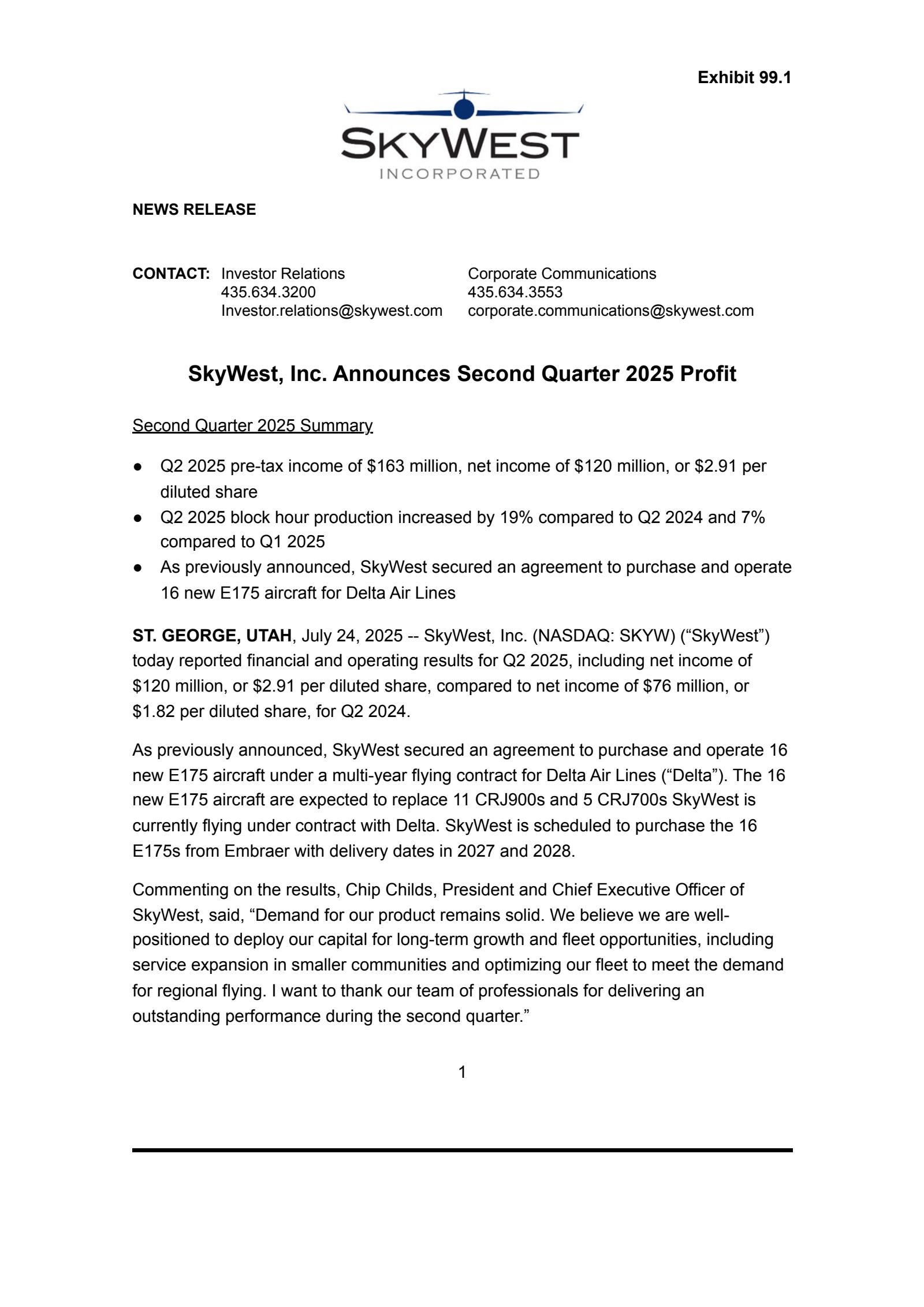 SkyWest's Q2 2025 Press Release