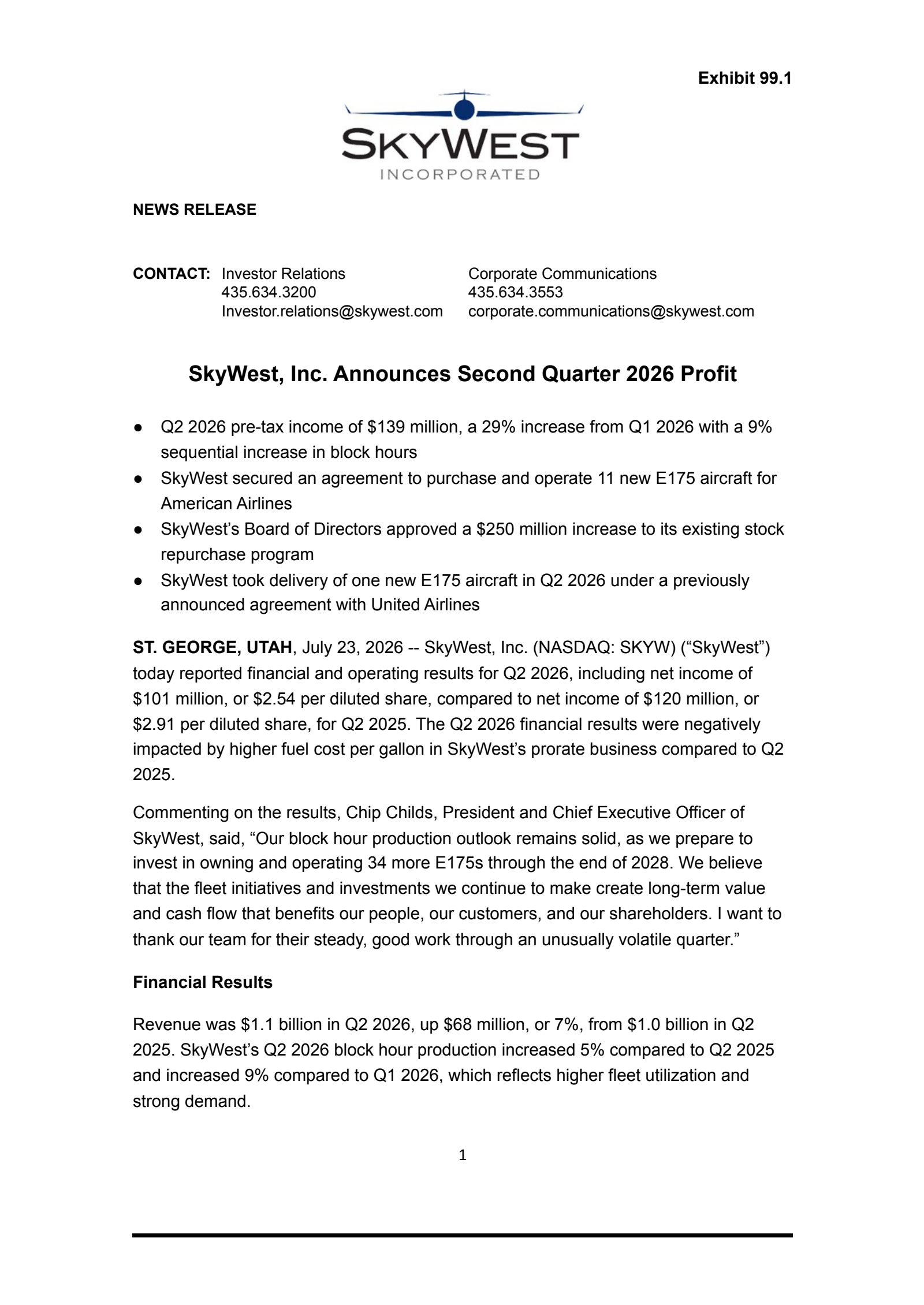 SkyWest's Q2 2026 Press Release