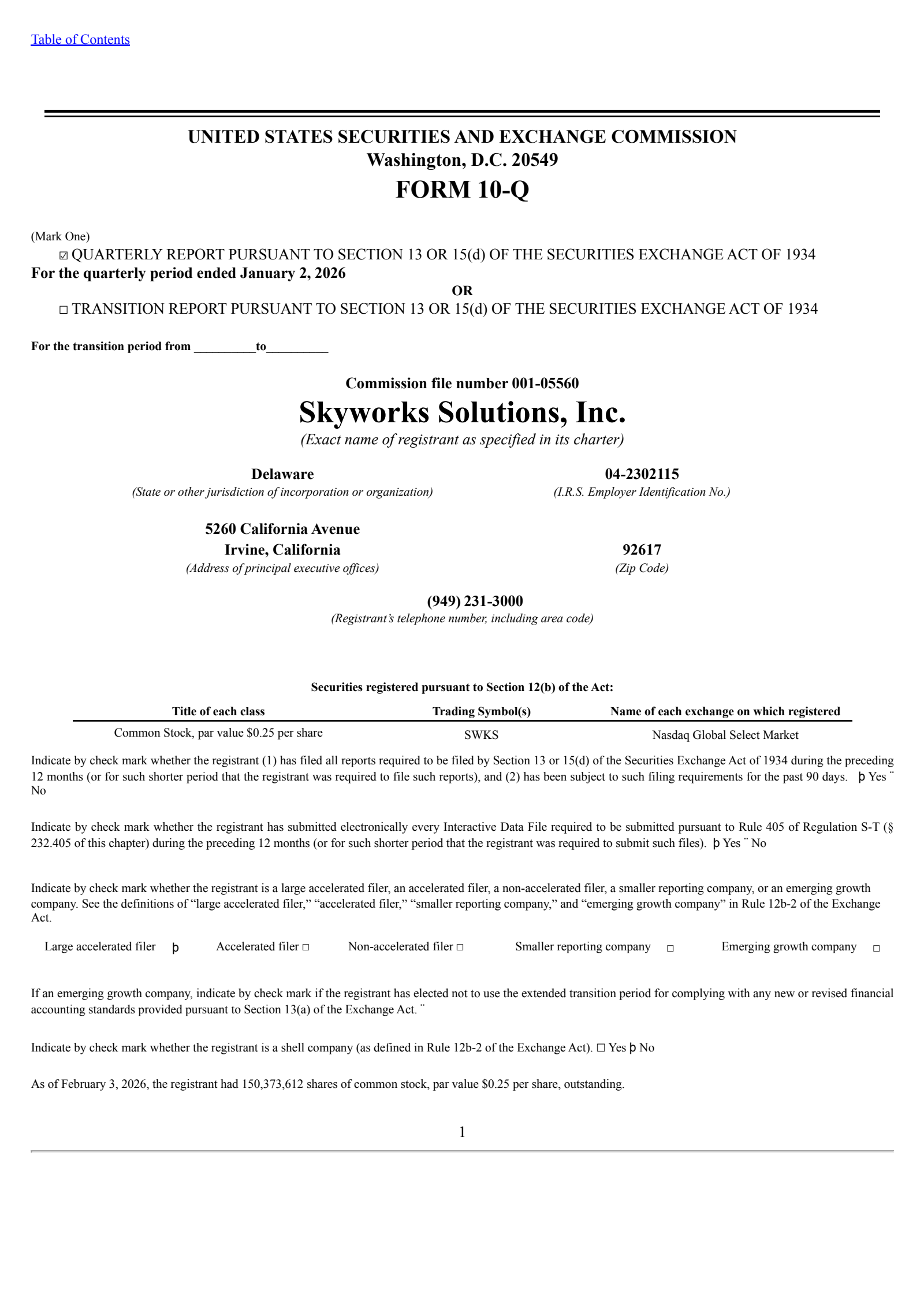 Skyworks Solutions' Q1 2026 Quarterly report