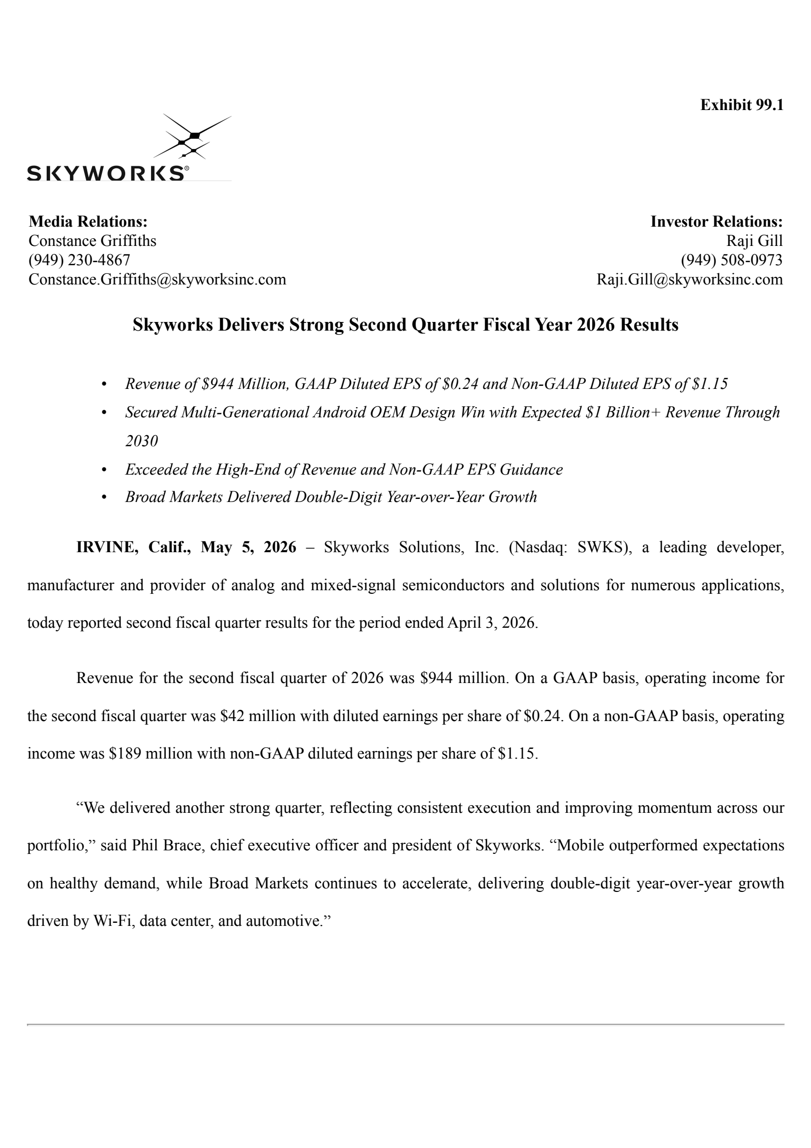 Skyworks Solutions' Q2 2026 Press Release