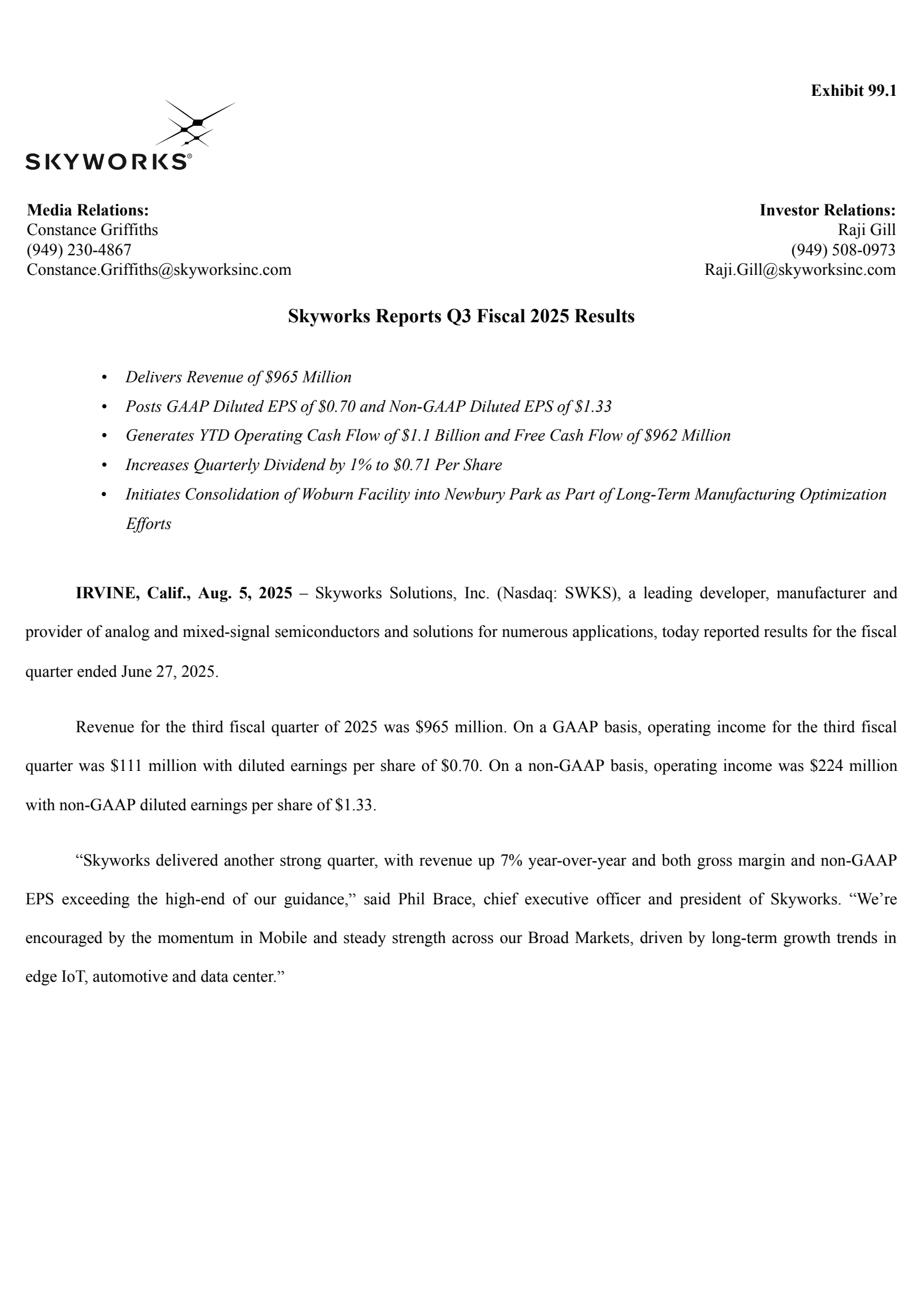 Skyworks Solutions' Q3 2025 Earnings Release