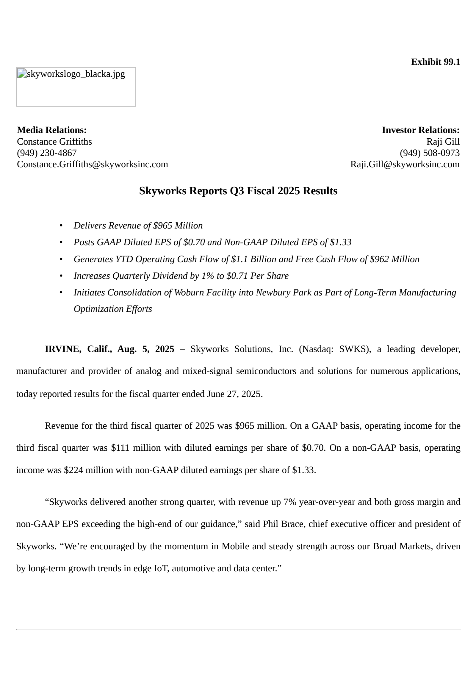 Skyworks Solutions' Q3 2025 Press Release