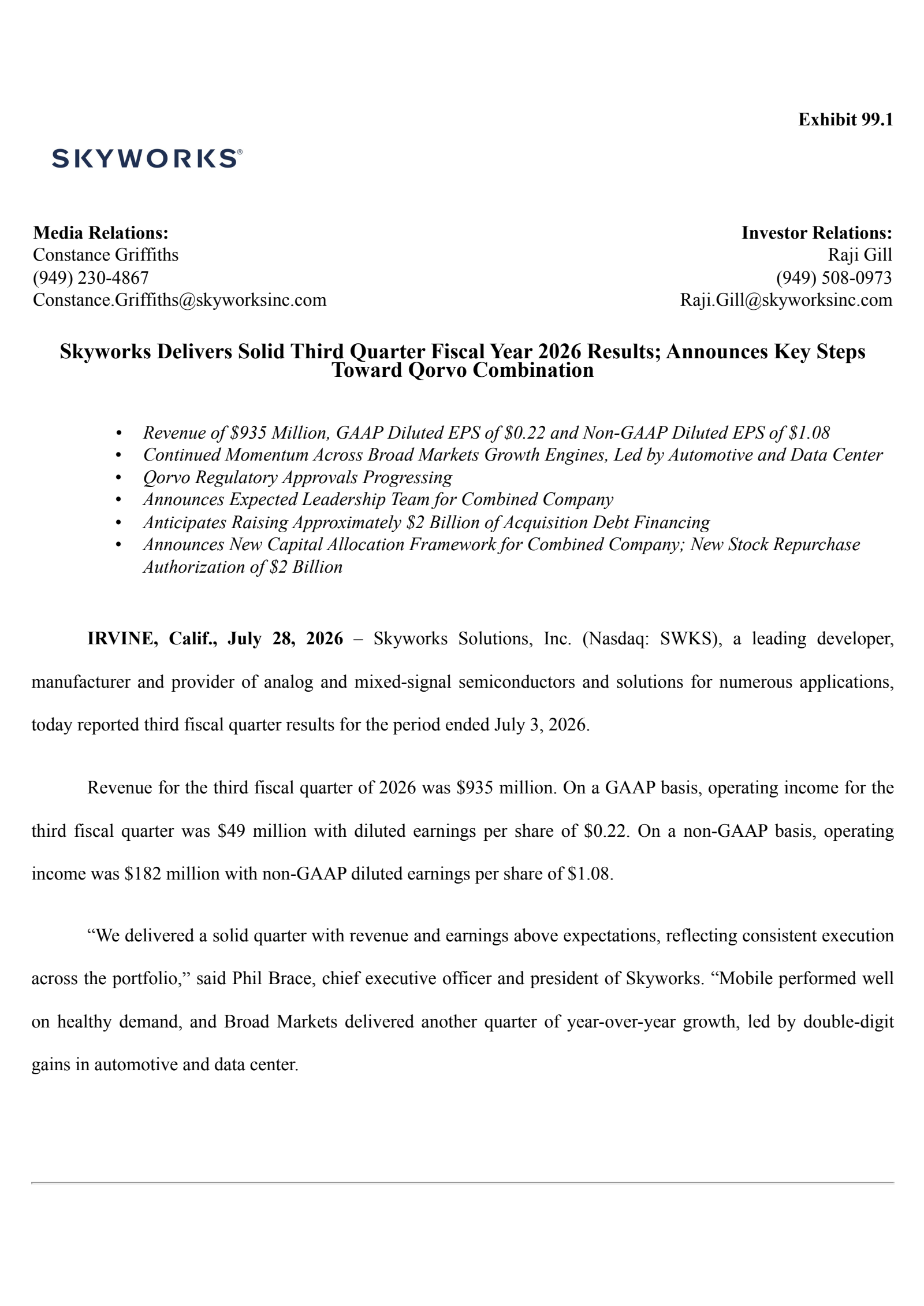 Skyworks Solutions' Q3 2026 Press Release