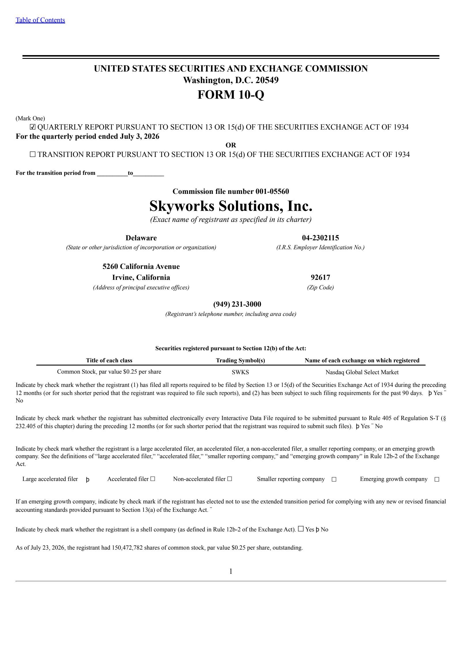 Skyworks Solutions' Q3 2026 Quarterly report