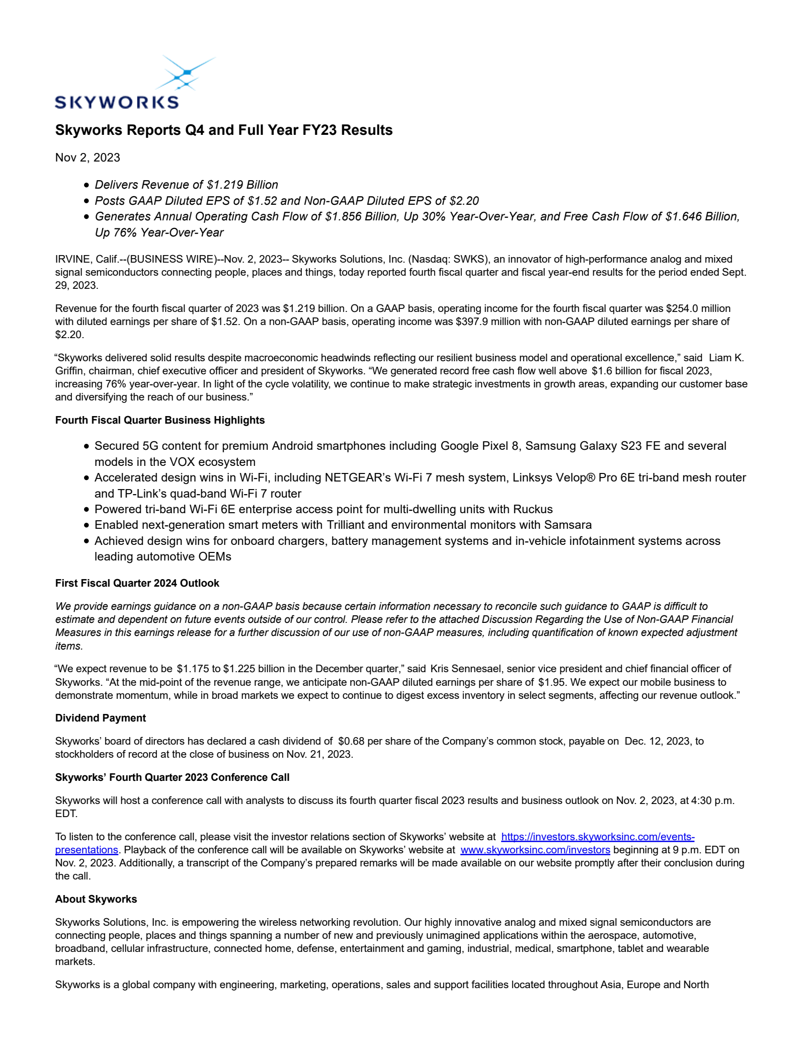 Skyworks Solutions' Q4 2023 Press Release