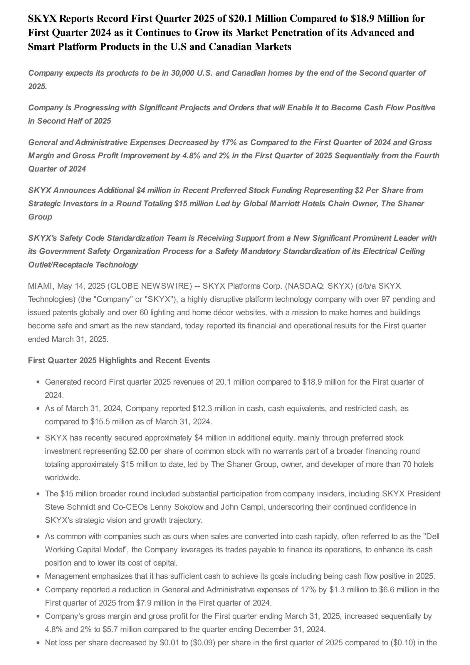 SKYX Platforms' Q1 2025 Press Release