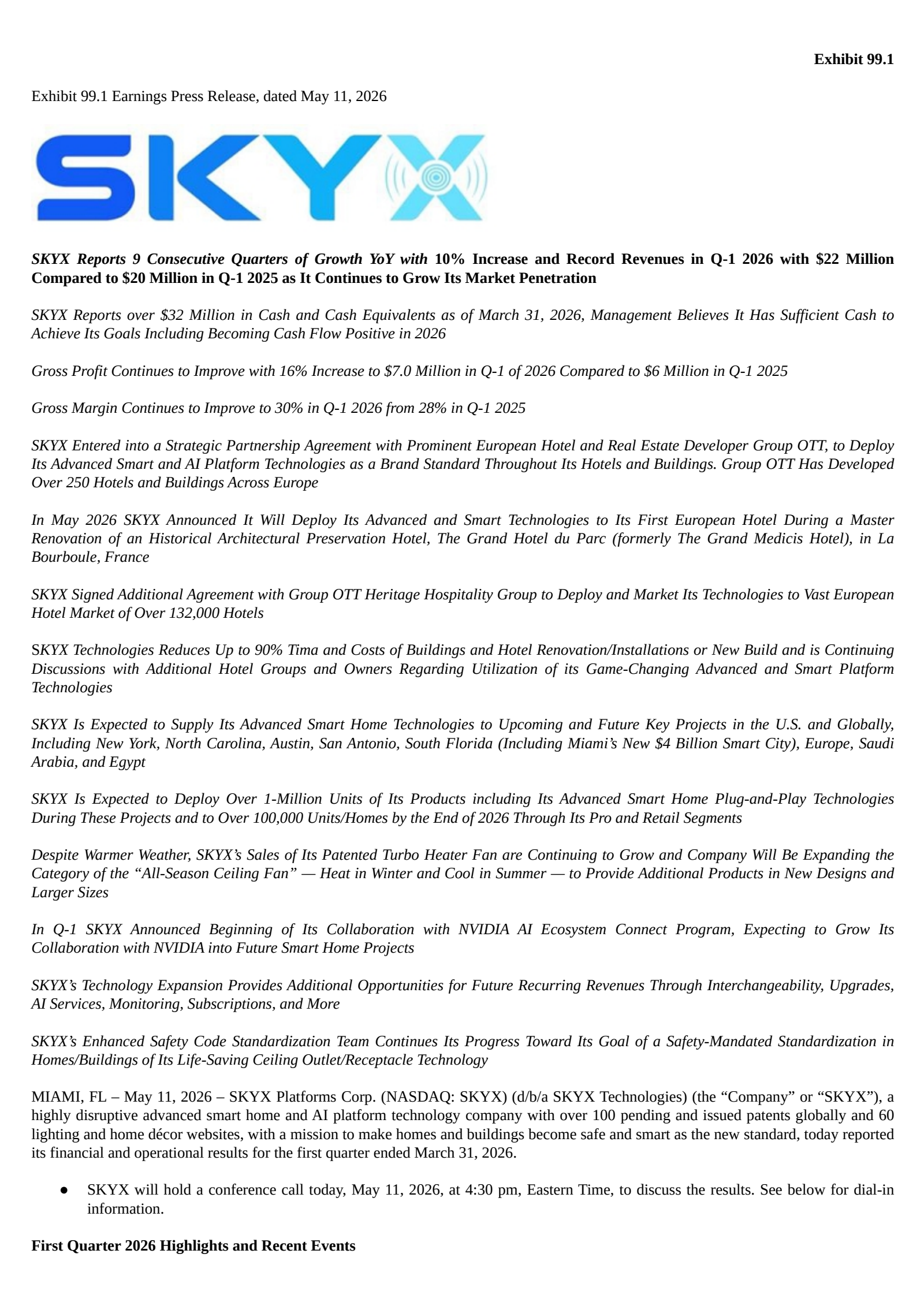 SKYX Platforms' Q1 2026 Press Release