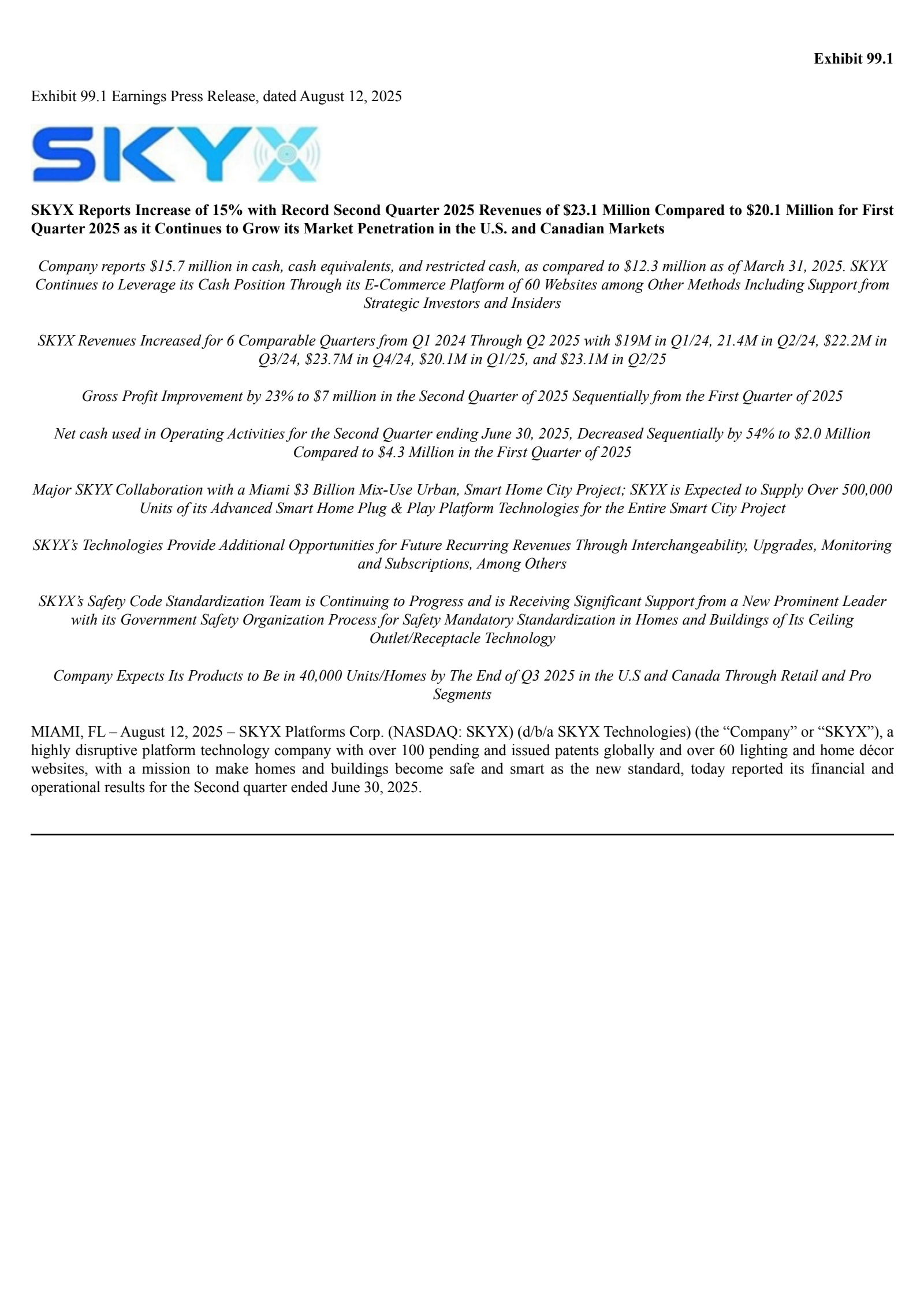 SKYX Platforms' Q2 2025 Press Release