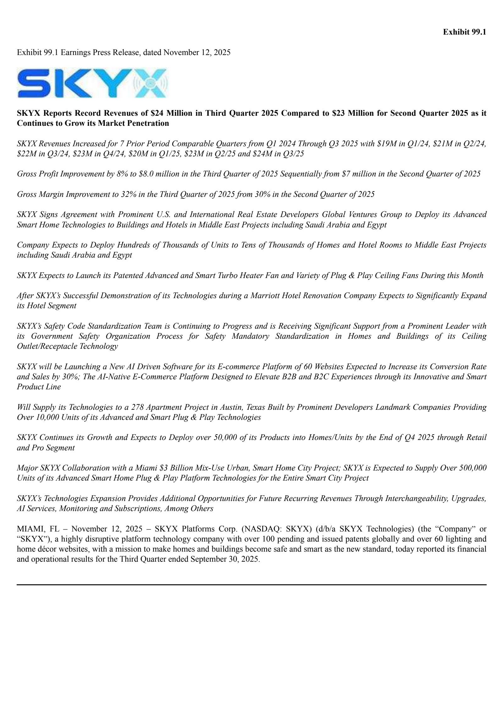 SKYX Platforms' Q3 2025 Earnings Release