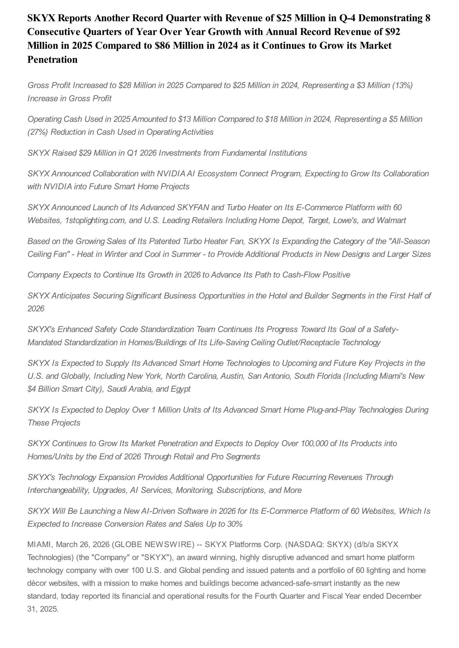 SKYX Platforms' Q4 2025 Press Release