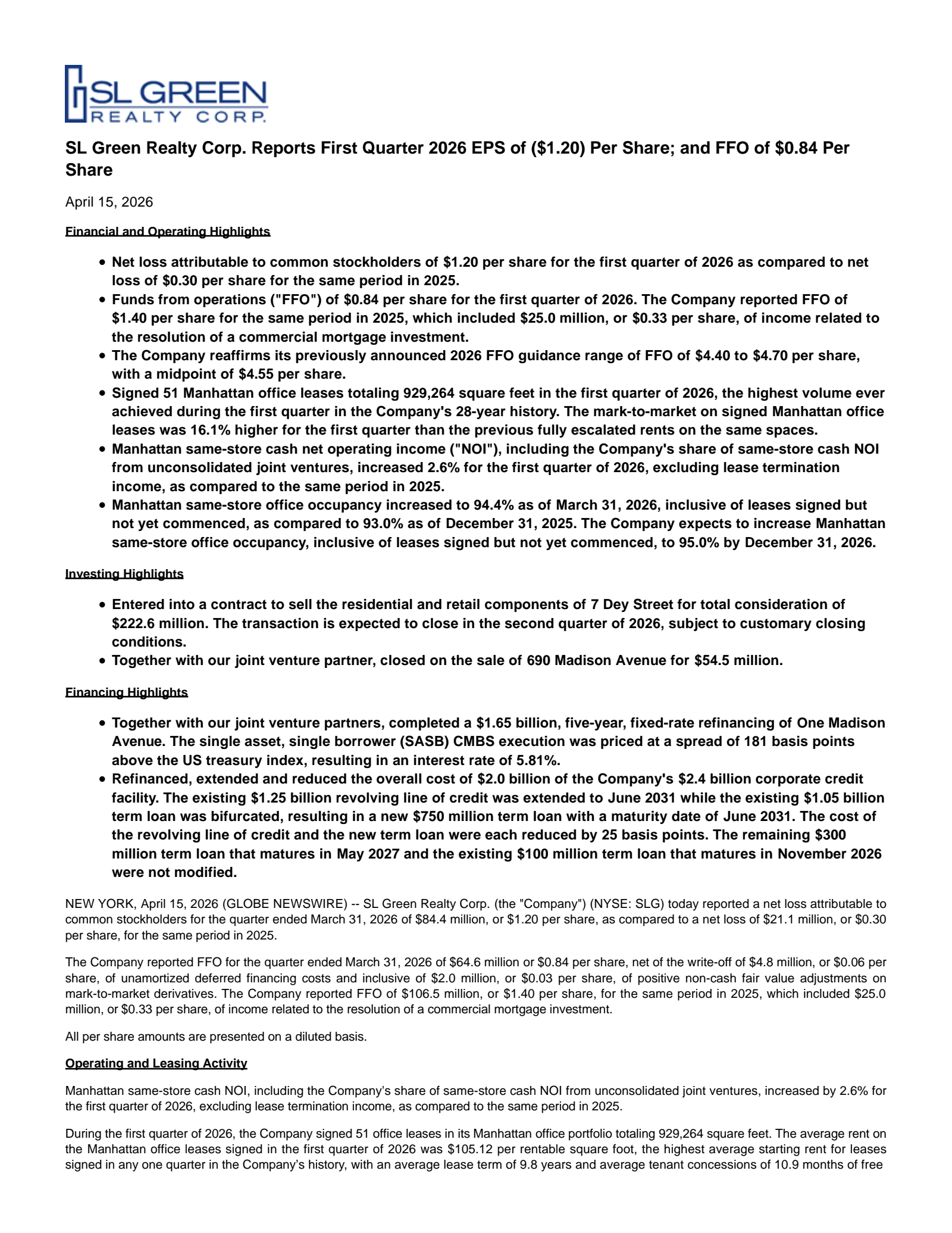 SL Green Realty's Q1 2026 Press Release