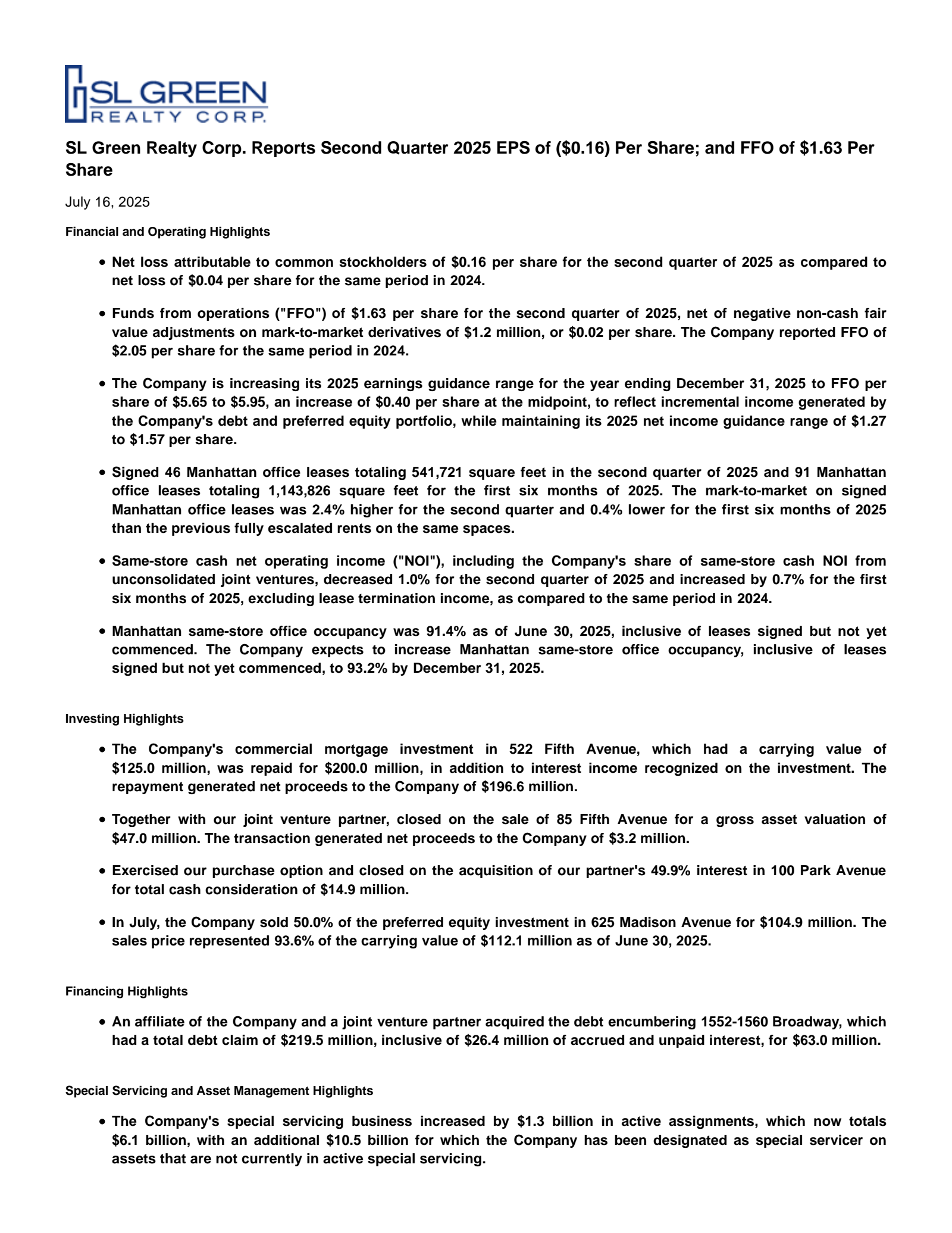 SL Green Realty's Q2 2025 Press Release