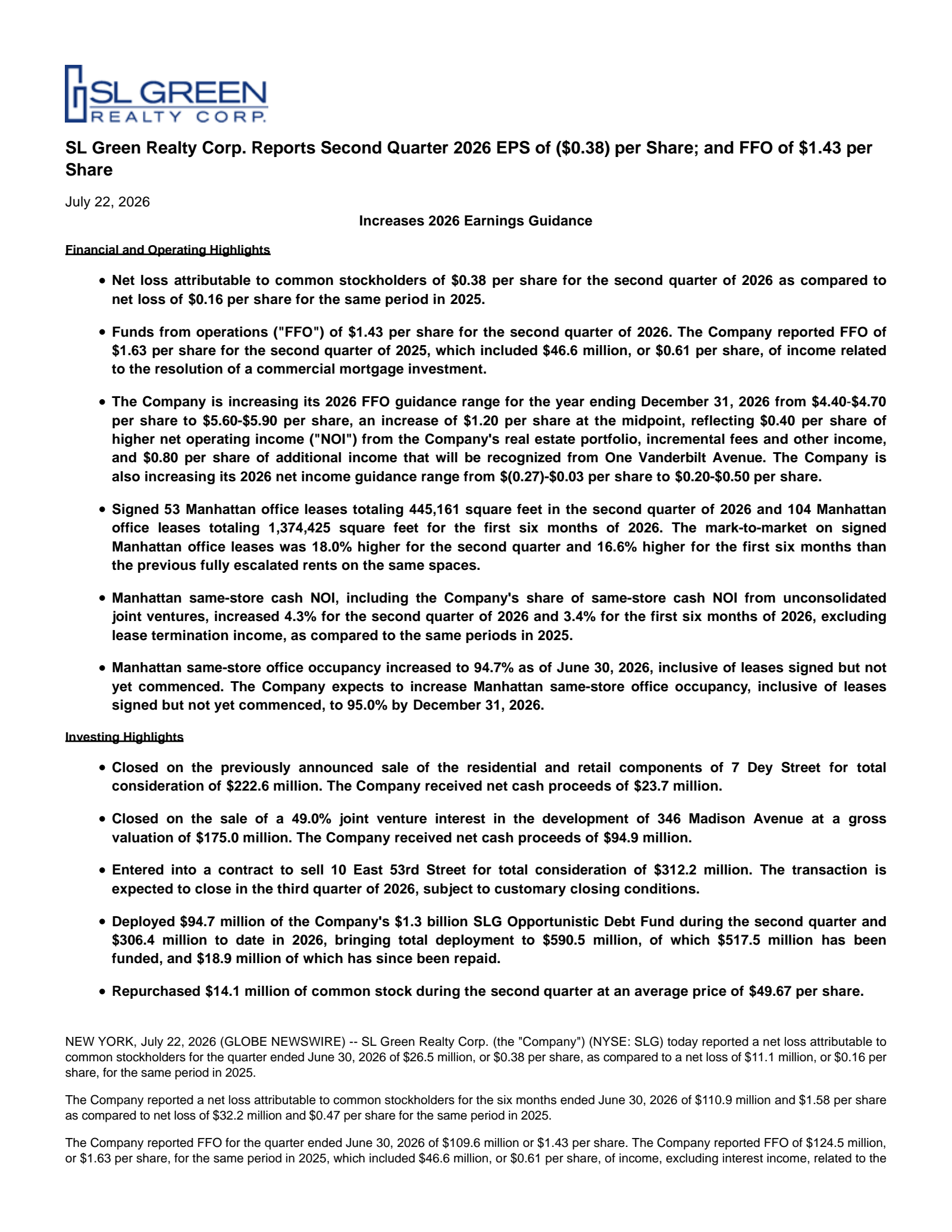 SL Green Realty's Q2 2026 Press Release