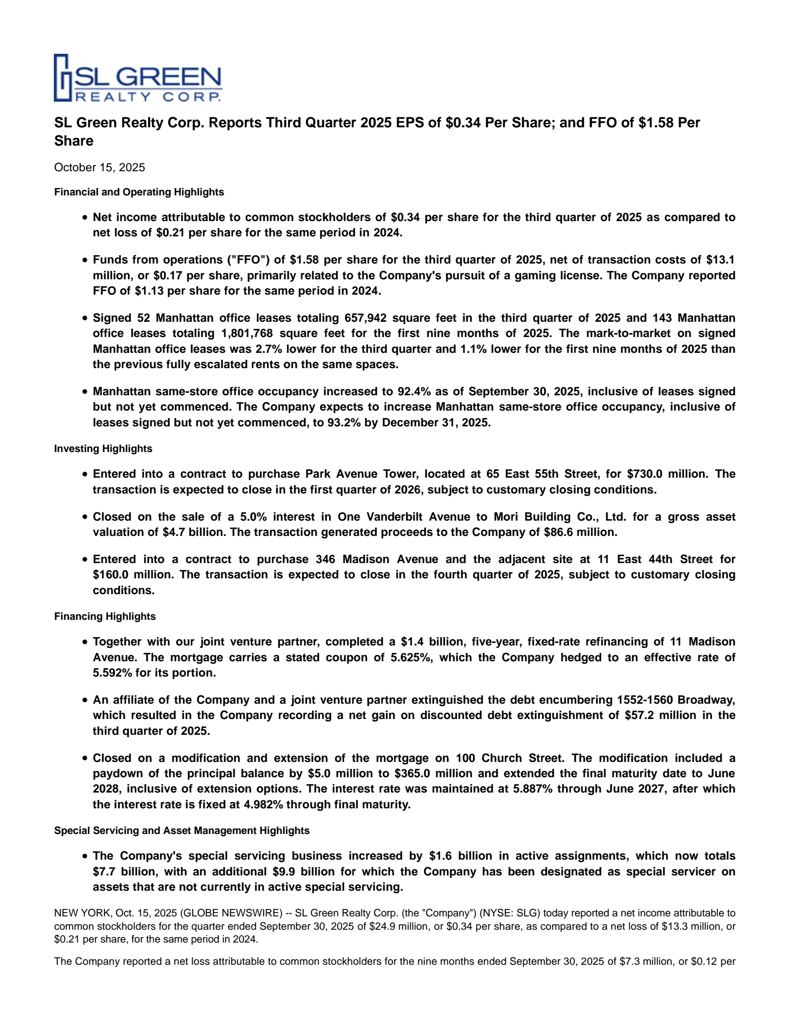 SL Green Realty's Q3 2025 Earnings Release