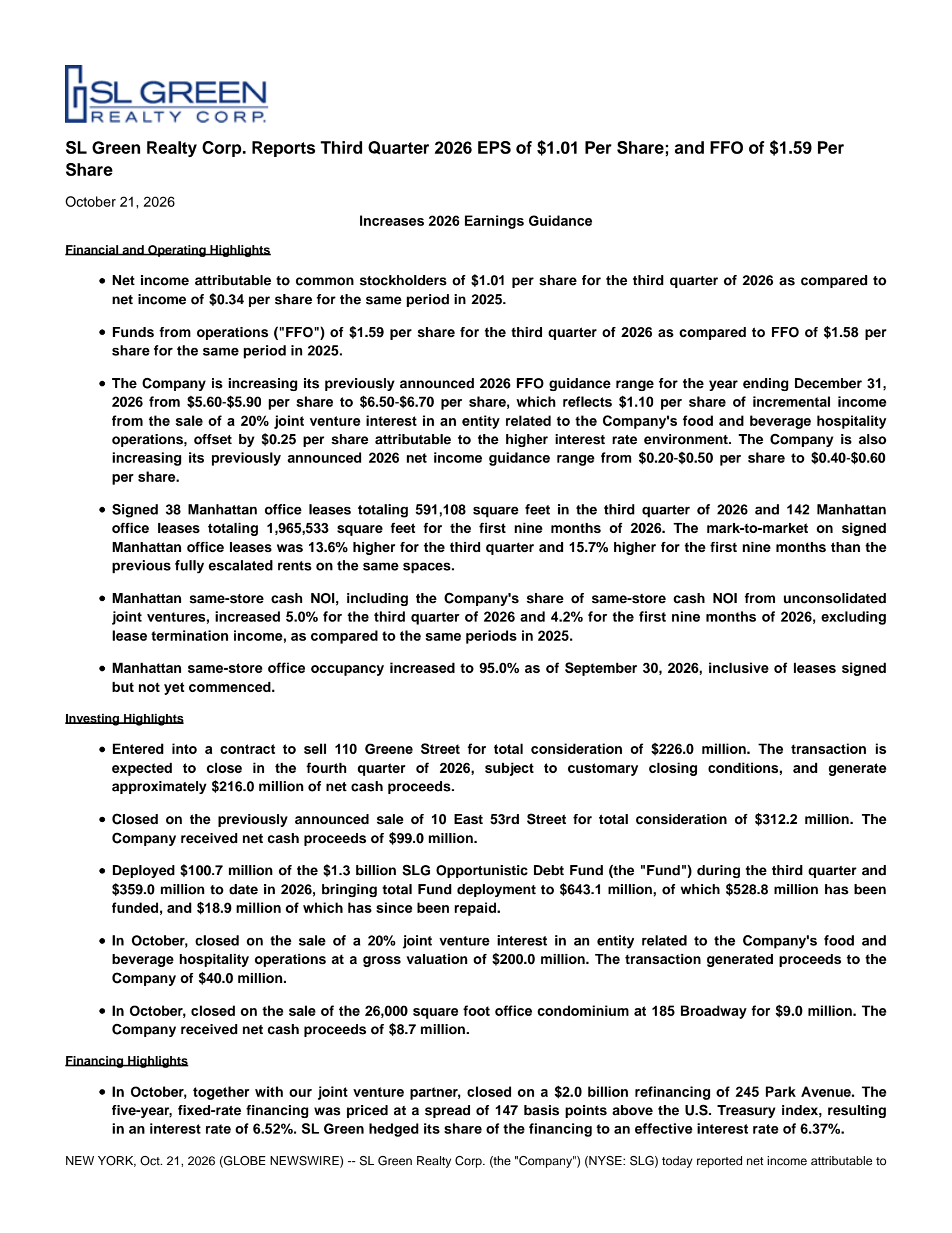 SL Green Realty's Q3 2026 Press Release
