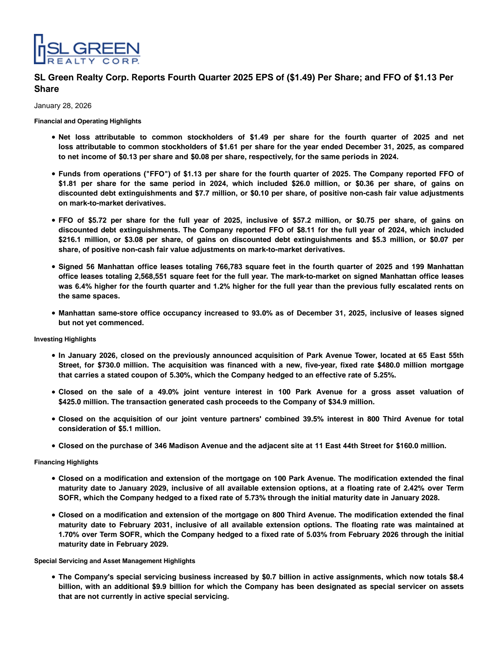 SL Green Realty's Q4 2025 Press Release