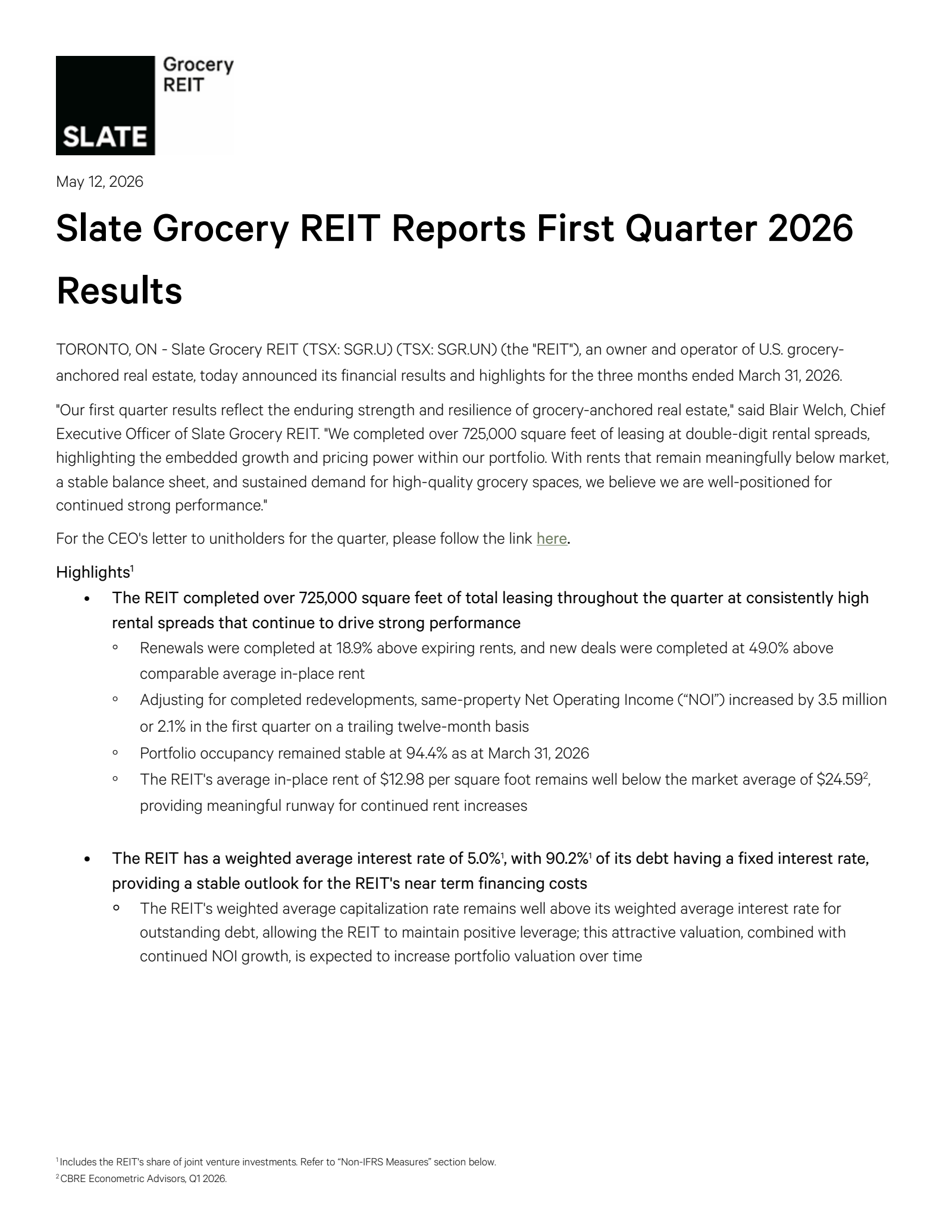 Slate Grocery REIT's Q1 2026 Press Release
