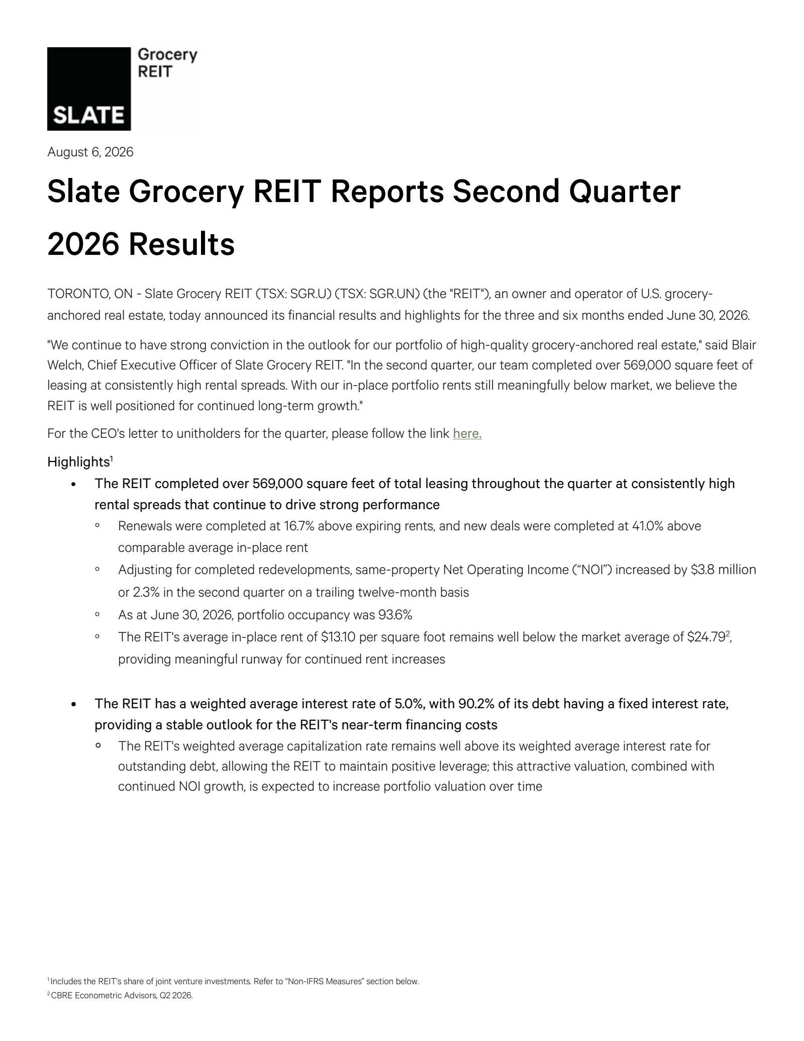 Slate Grocery REIT's Q2 2026 Press Release