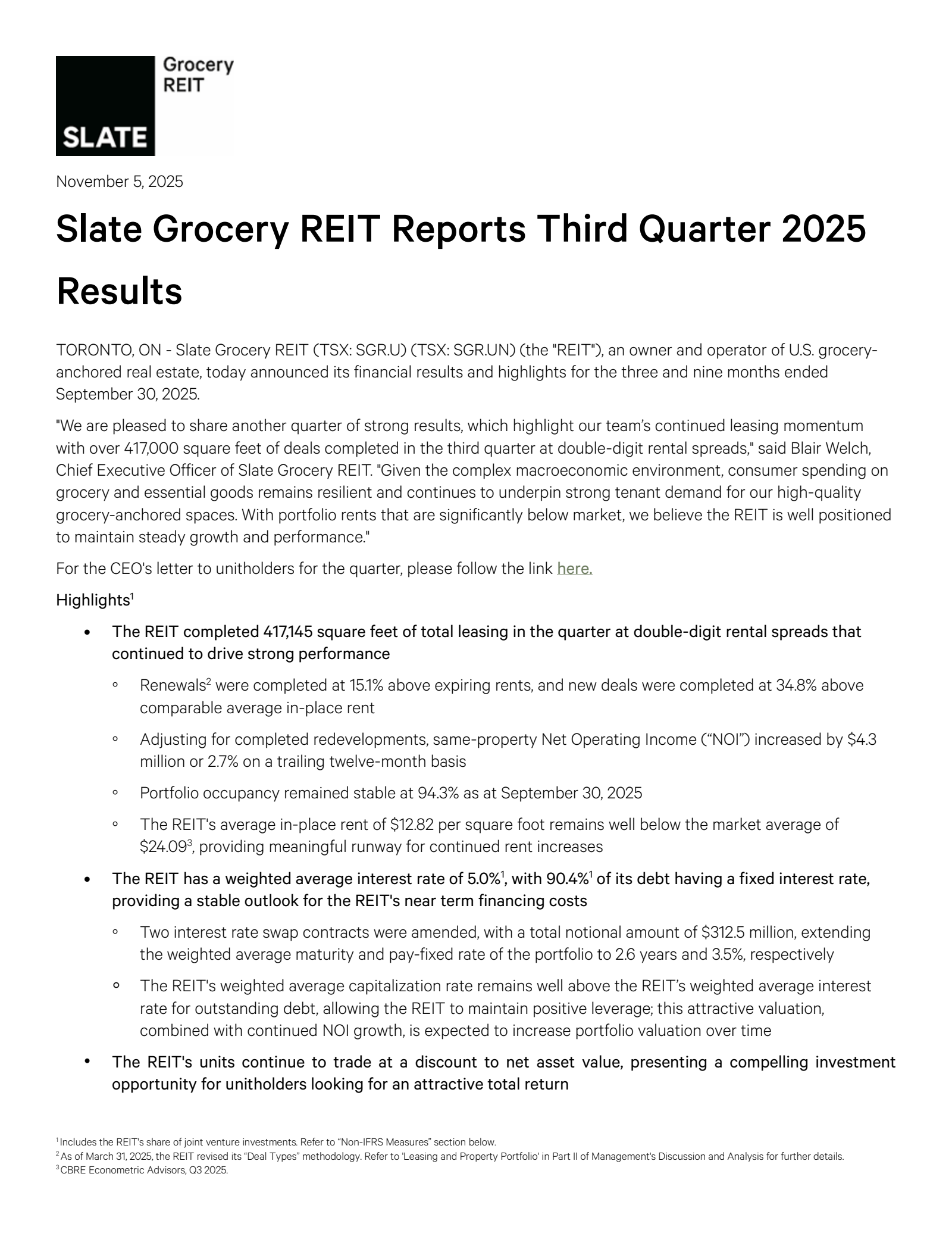Slate Grocery REIT's Q3 2025 Earnings Release