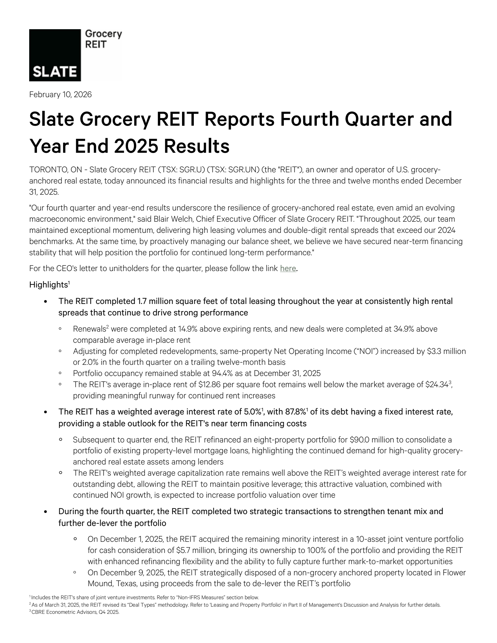 Slate Grocery REIT's Q4 2025 Press Release