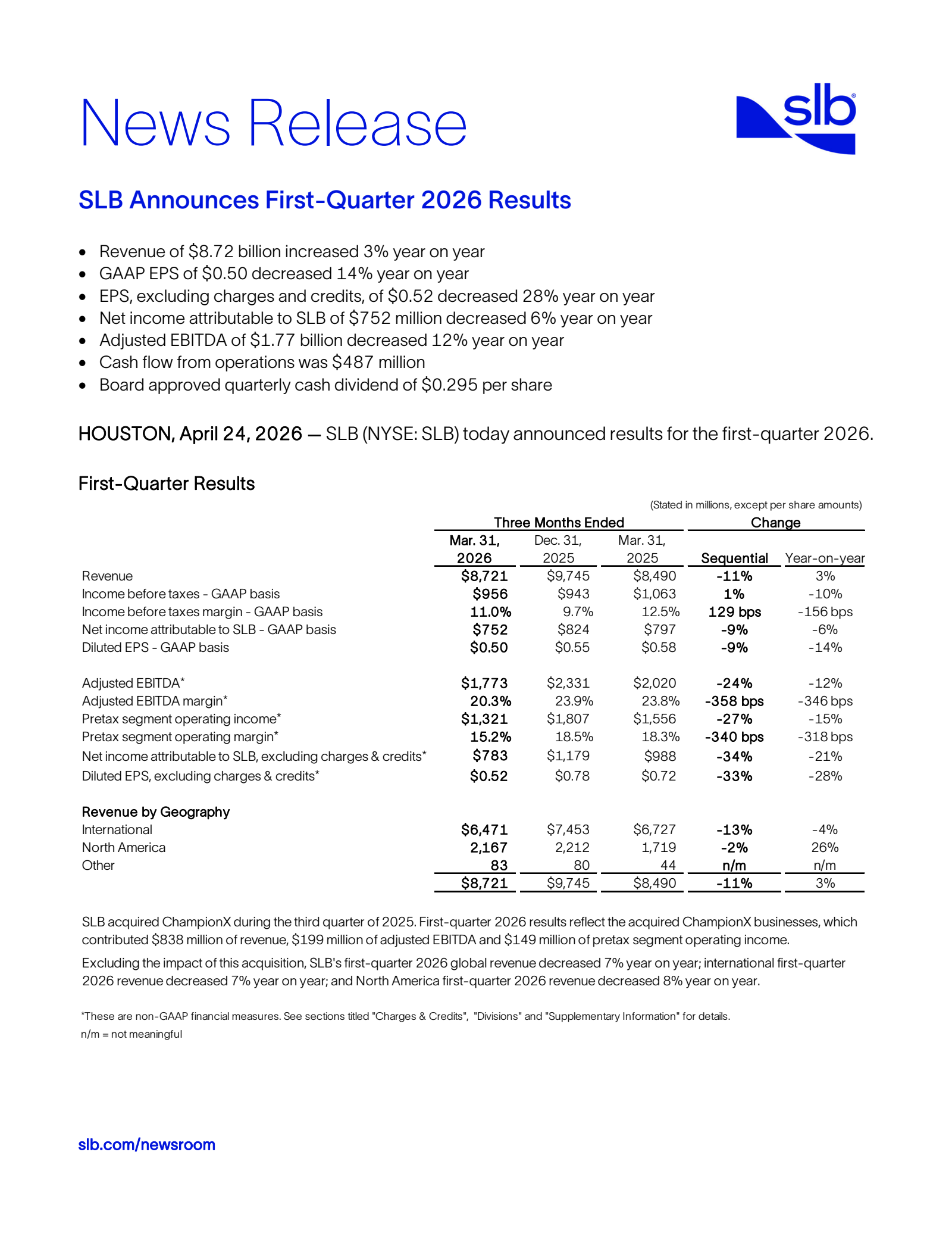 SLB's Q1 2026 Press Release